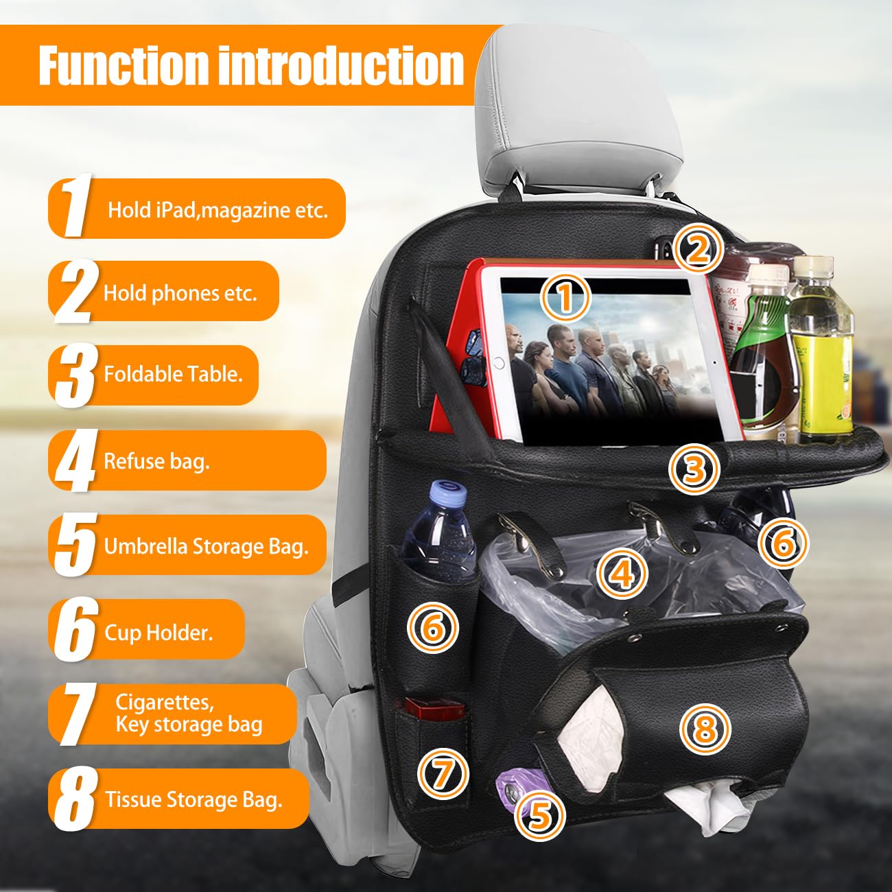 2 Pack Leather Car Backseat Organizers with Foldable Garbage Storage, Kick Mats Back Seat Protector & Tablet Holder, Car Storage Organizer for Kids - Perfect for Family Road Trips and Daily Commutes