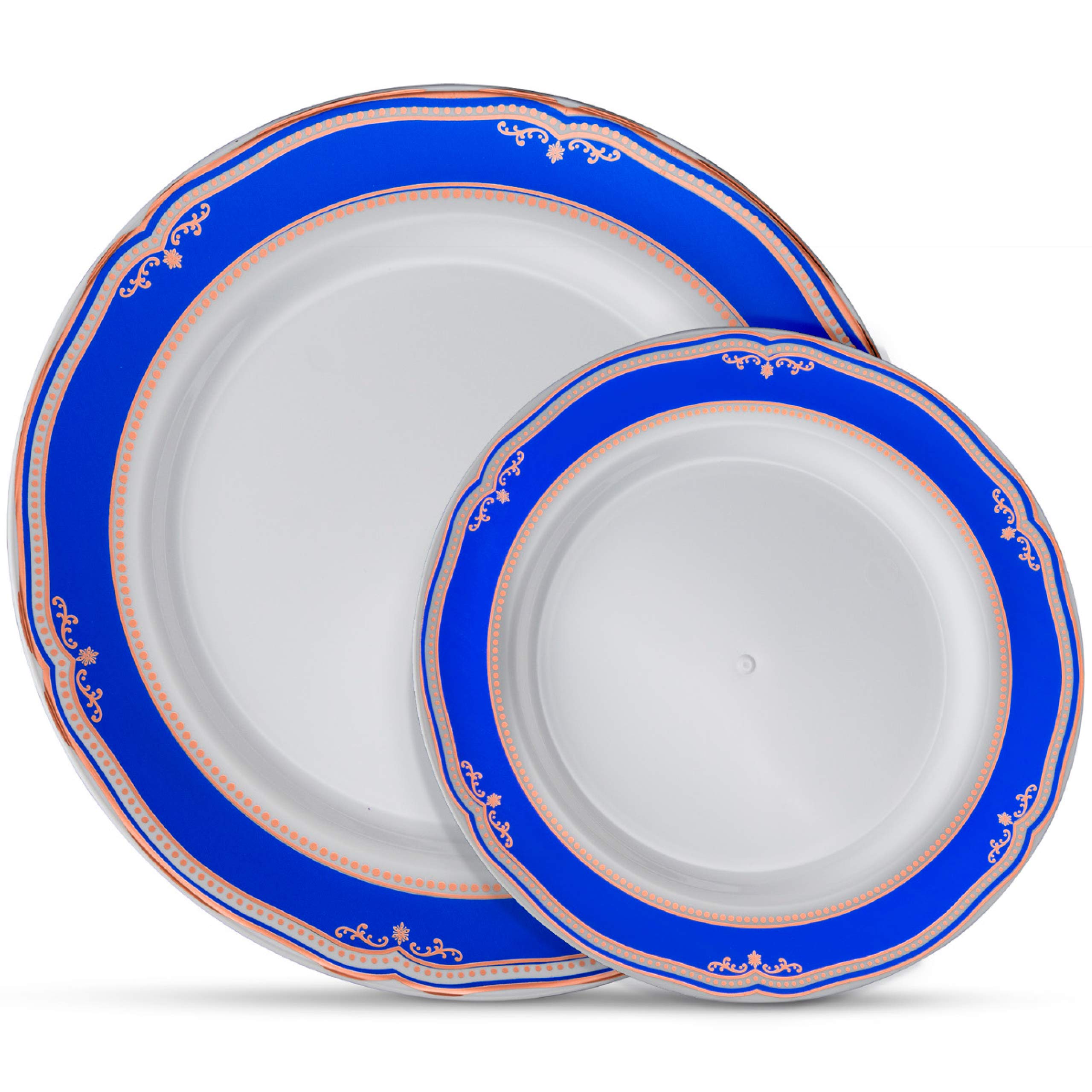 Laura Stein Elegant Disposable Plastic Dinnerware Set - 64-Piece Party Plates (32 Dinner & 32 Salad Plates) - White with Blue Rim & Rose Gold Accents - Perfect for Weddings, Parties & Special Events