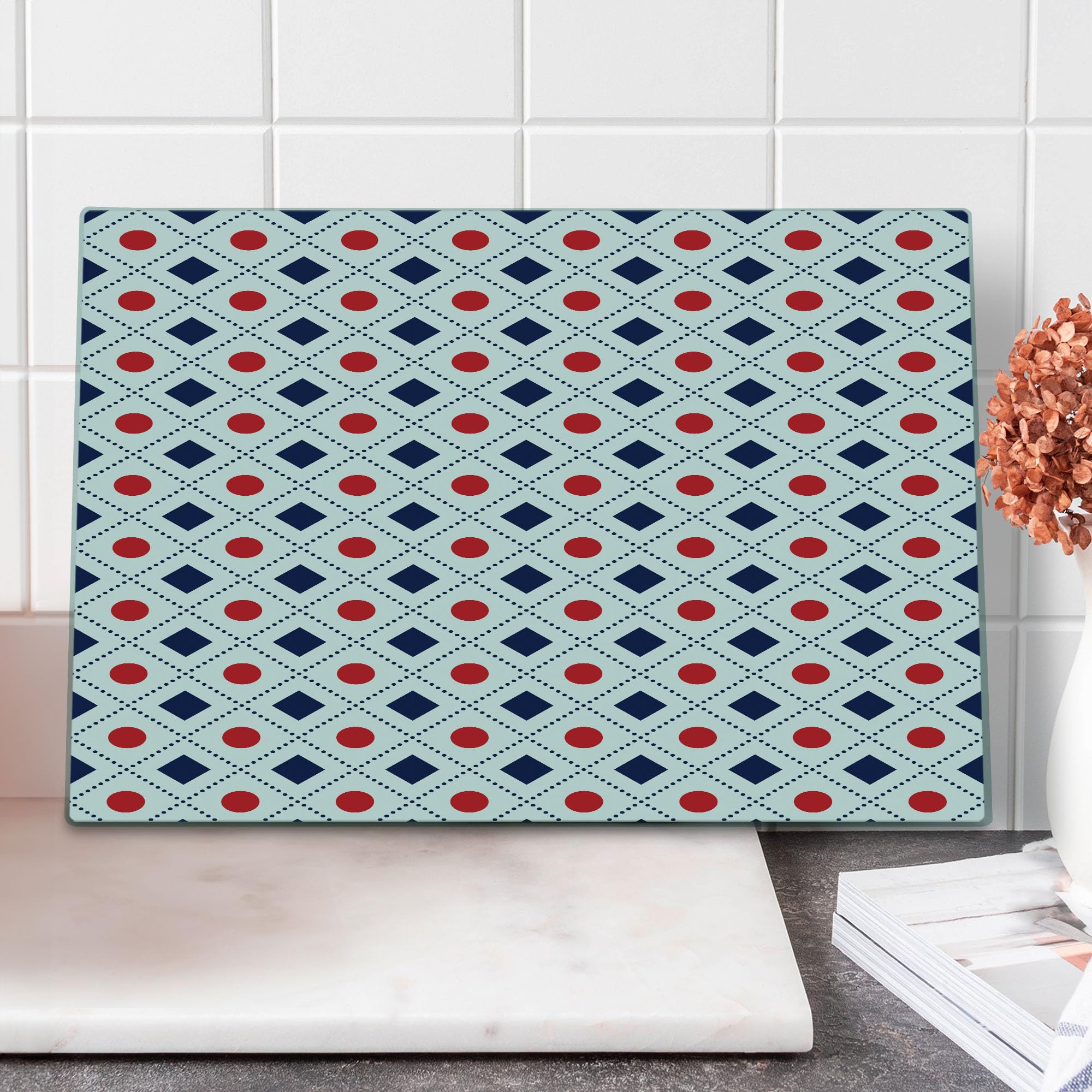 Ambesonne Navy Blue & Red Geometric Glass Cutting Board - Large Tempered Glass Serving Tray with Dots & Dashed Lines Design - Perfect for Cheese Platters, Charcuterie & Kitchen Decor