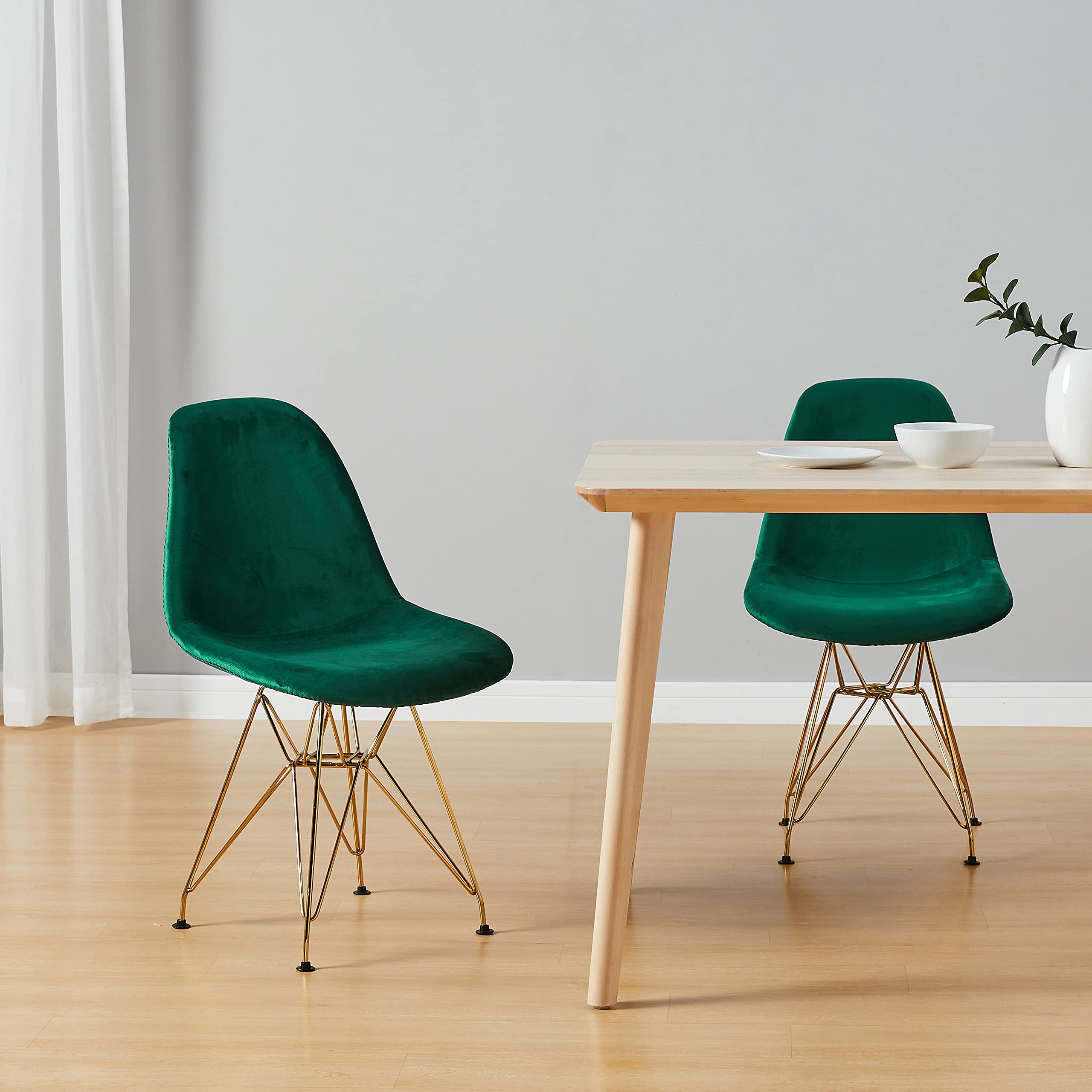 Mid Century Velvet Dining Chairs Set of 2 - Green Upholstered Kitchen Chairs with Metal Legs for Dining Room, Living Room & Bedroom - Elegant Guest Seating for Home Decor