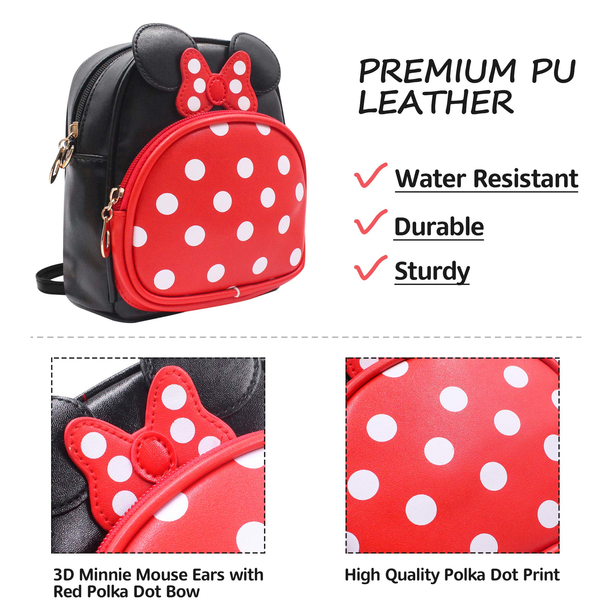 Minnie Mouse Polka Dot Small Backpack & Crossbody Bag 2-in-1 - Adjustable Shoulder Strap PU Leather Mini Backpack for Women & Girls, Travel, School, Makeup Organizer (Red/Black) - Perfect for Disney Fans, Theme Parks & Everyday Use