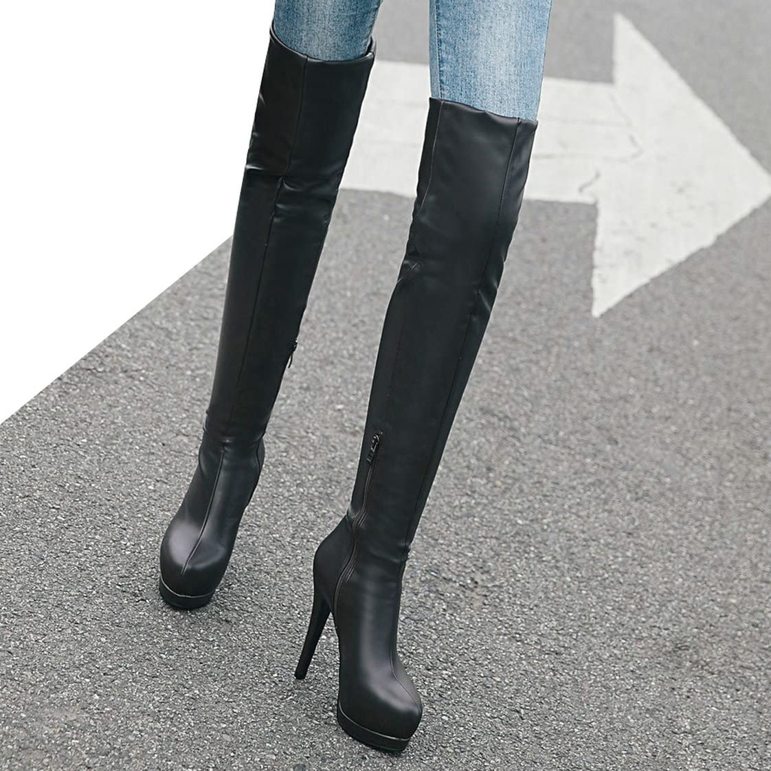 BEAUPAS Women's Stiletto High Heel Over The Knee Boots - Sexy Platform Thigh High Boots with Round Toe & Zip Closure for Party, Night Out & Fashion
