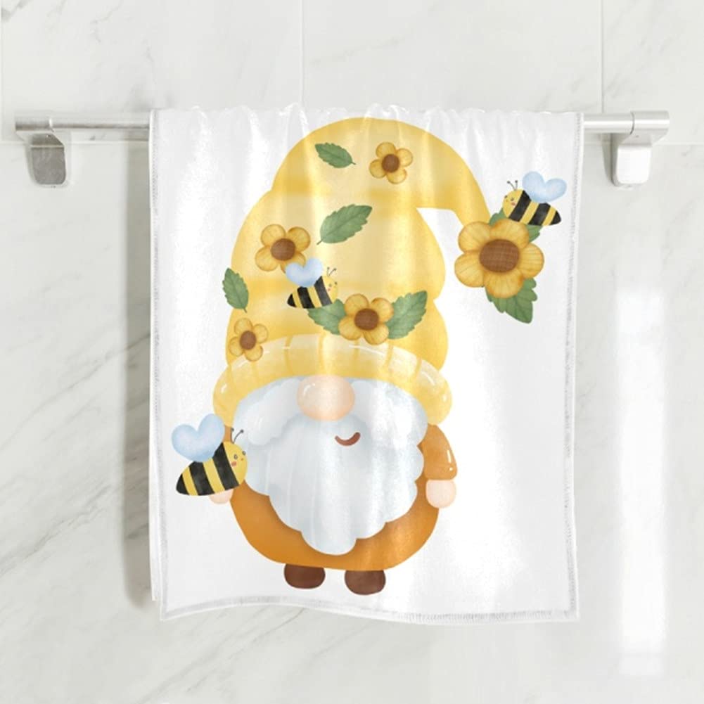 QUGRL Summer Gnome Bathroom Hand Towels - 16x30 Inch Bee & Sunflower Kitchen Fingertip Dish Towels - Absorbent Washcloths for Guest Bath, Hotel, Spa, Gym & Sports Decor - Perfect for Farmhouse, Cottage & Coastal Home Decor
