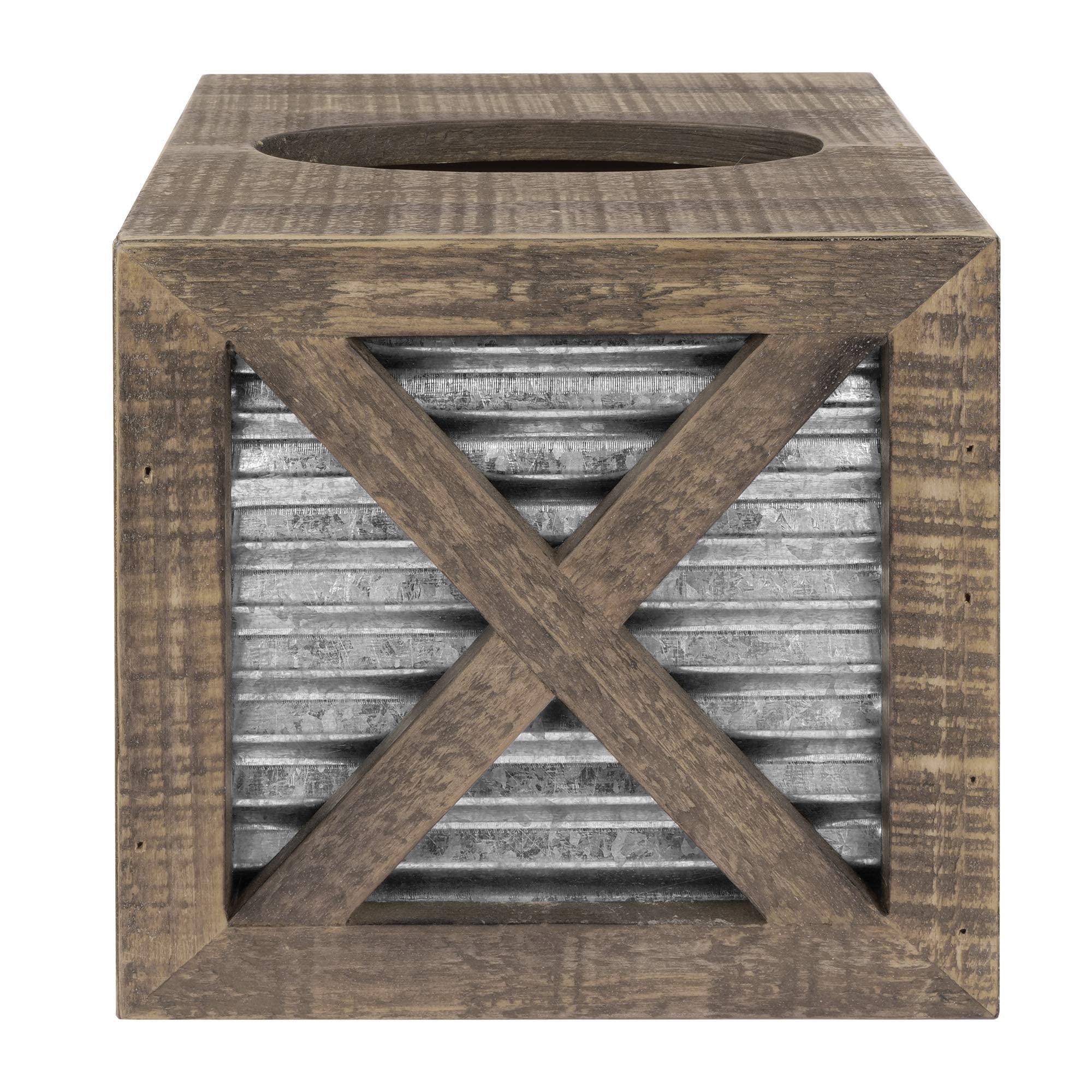 Rustic Square Farmhouse Tissue Box Cover - Wooden Bathroom Tissue Holder with Galvanized Decor for Farmhouse Style Homes | Perfect for Bathroom, Living Room, and Bedroom Décor