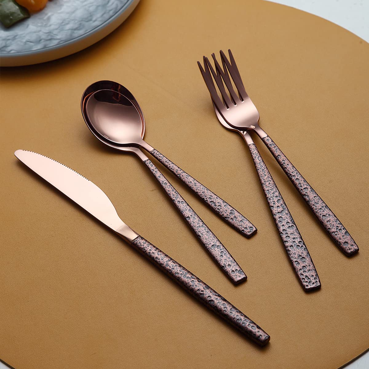 Berglander 20-Piece Silverware Set with Moon Surface Handle & Rose Gold Titanium Plating - Stainless Steel Modern Flatware Set for 4 - Elegant Dinnerware for Holidays, Weddings & Fine Dining