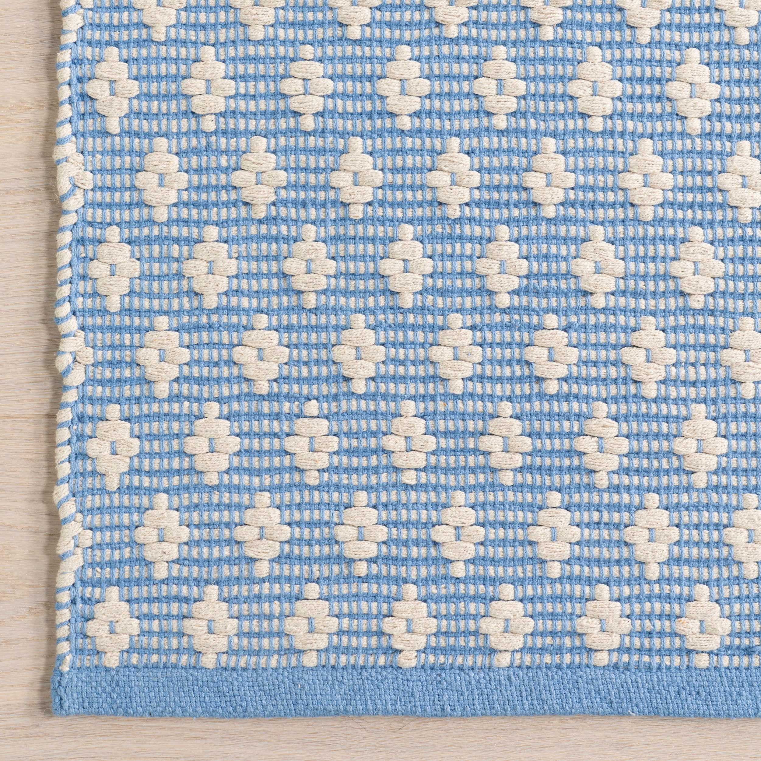 Handwoven Cotton Rug with Dainty Diamond Pattern - Soft & Durable Blue Area Rug for Living Room, Bedroom, or Nursery Decor