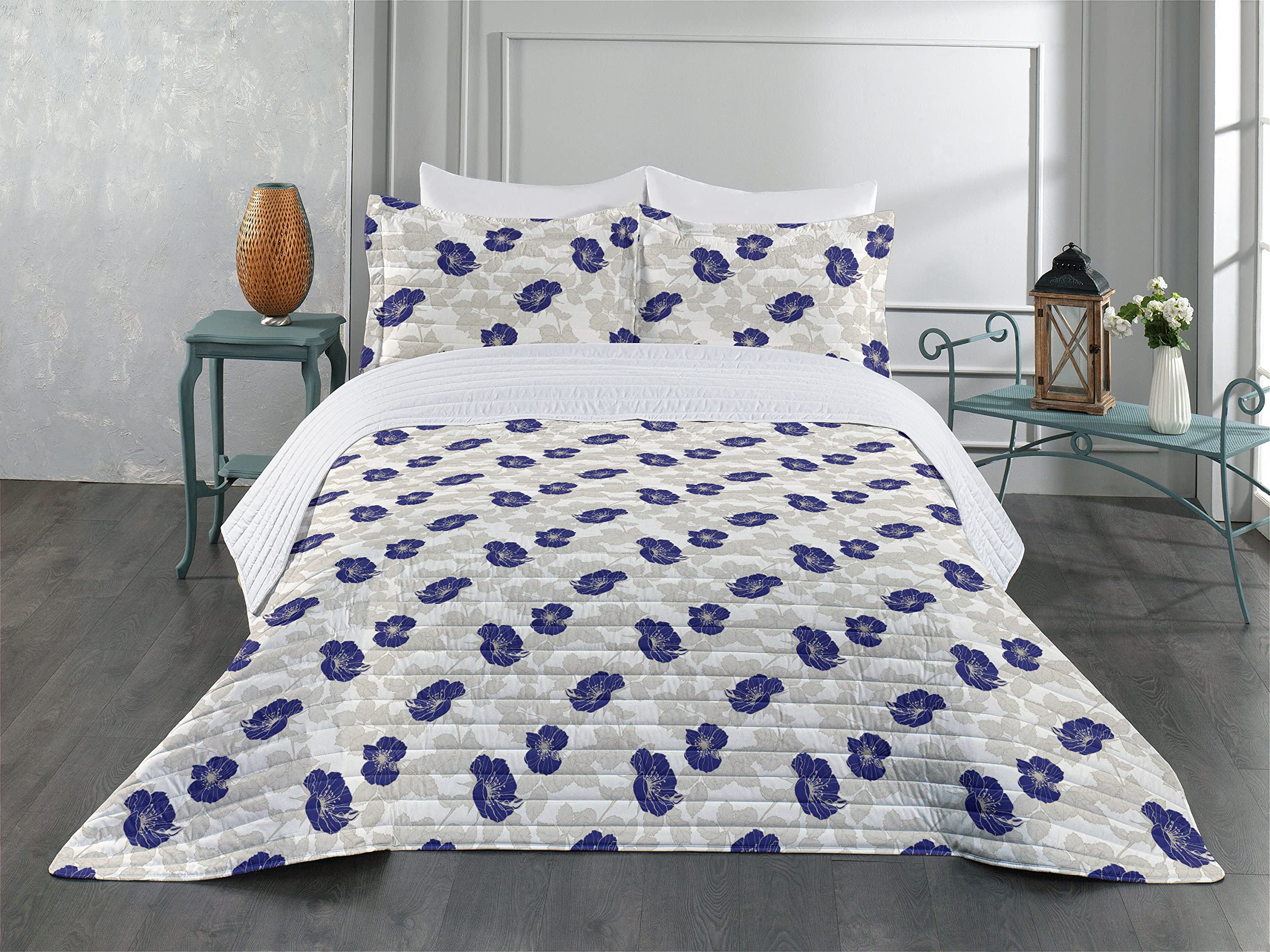 Ambesonne Floral Microfiber Bedspread Set - King Size Off White Eggshell | Dog Roses & Leafy Stems Art Nouveau Design | Soft Comforter with Pillow Shams | Perfect for Master Bedroom, Guest Room & Bohemian Decor
