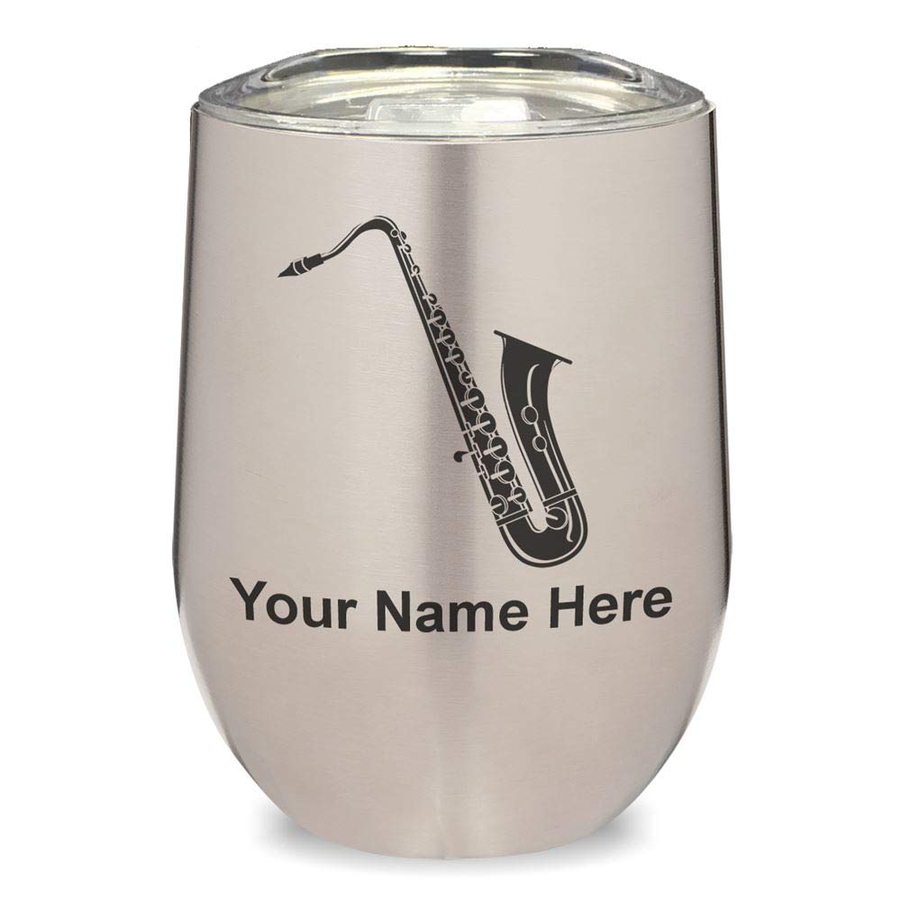 LaserGram Double Wall Stainless Steel Wine Glass Tumbler with Saxophone Design - Personalized Engraving Included, 18/8 Stainless Steel, Insulated for Hot & Cold Drinks - Perfect for Wine Lovers, Gifts, Parties, and Home Bar Use