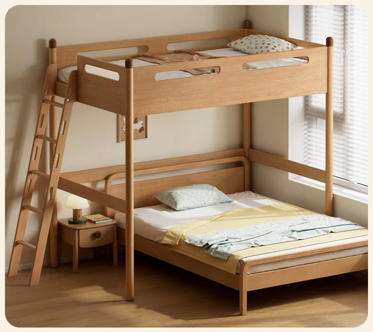 Solid Oak Wood Loft Bed with Storage Cabinet - Space-Saving Furniture for Small Rooms, Kids Bedroom & Dormitory