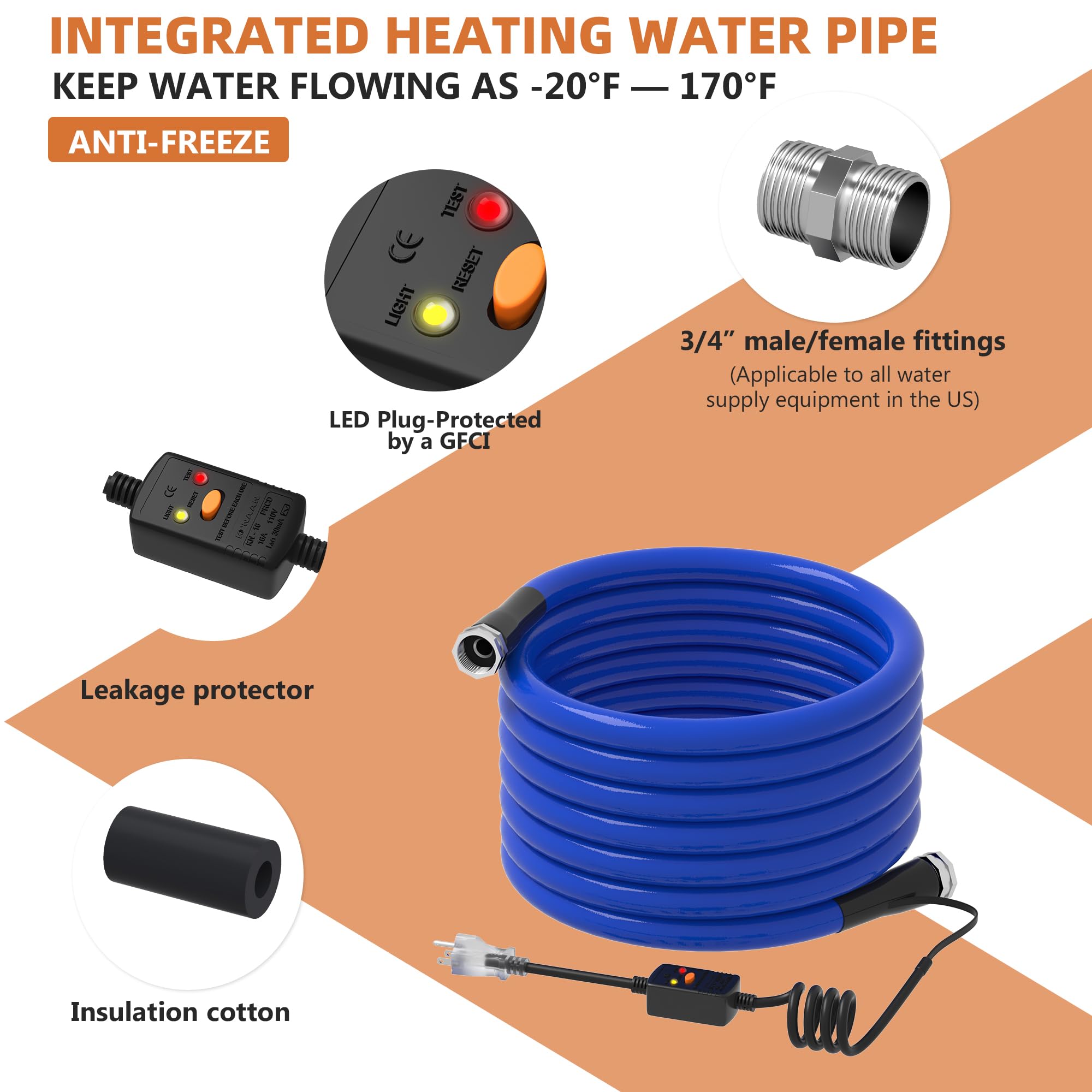 TORVA 30FT Heated Water Hose for RV - Lead & BPA Free Heated Drinking Water Hose with Insulating Sponge - Electrically Heated Garden Hose for Camper, Winter Camping & Outdoor Water Supply - RV Accessories