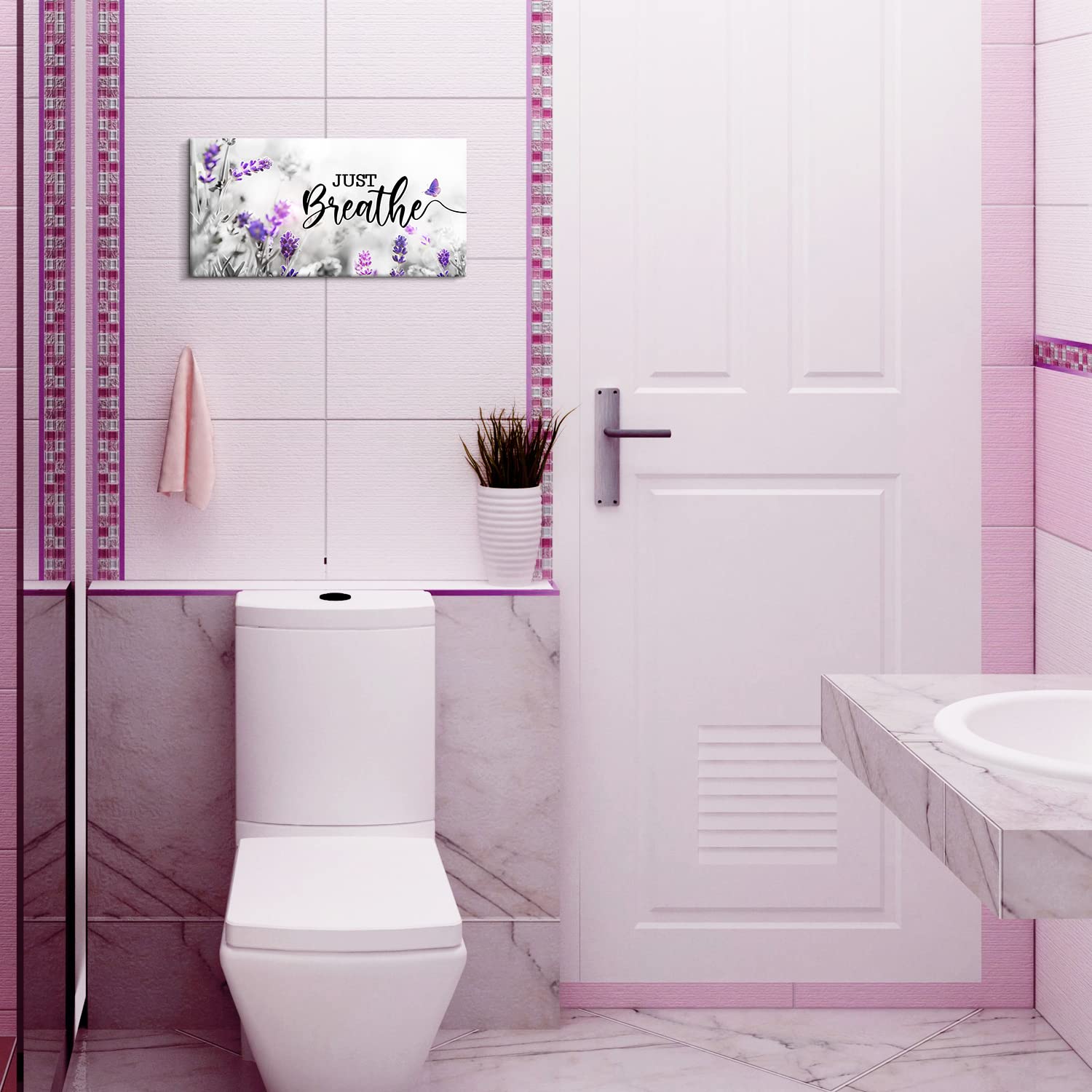 Creoate Just Breathe Purple Lavender Wall Art with Inspirational Quotes - Canvas Print for Bedroom & Home Decor - Perfect for Relaxing Spaces, Meditation Rooms and Gift Giving