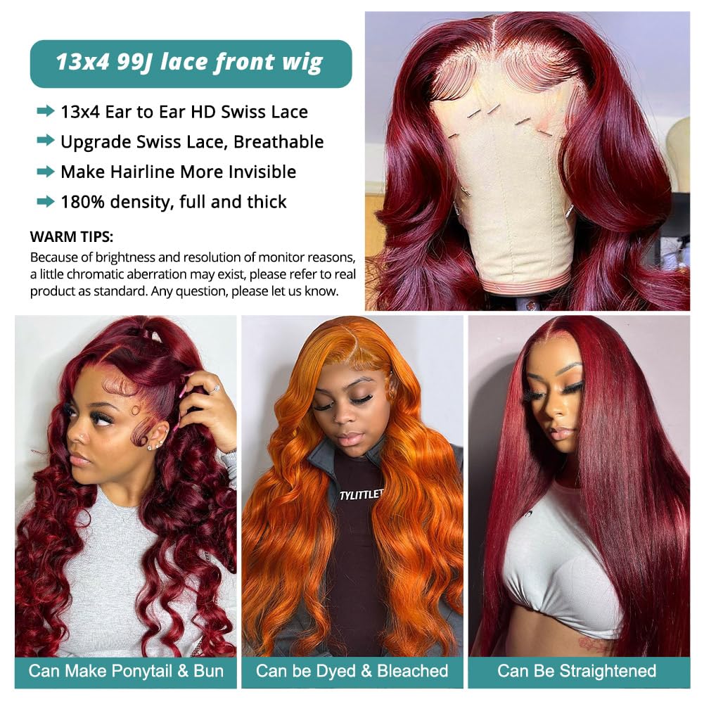 Allove 99j Burgundy 22inch Human Hair Lace Front Wig - 180% Density Pre-Plucked Body Wave with Baby Hair | 13x4 Glueless HD Transparent Frontal | Perfect for Daily Wear, Cosplay & Special Occasions