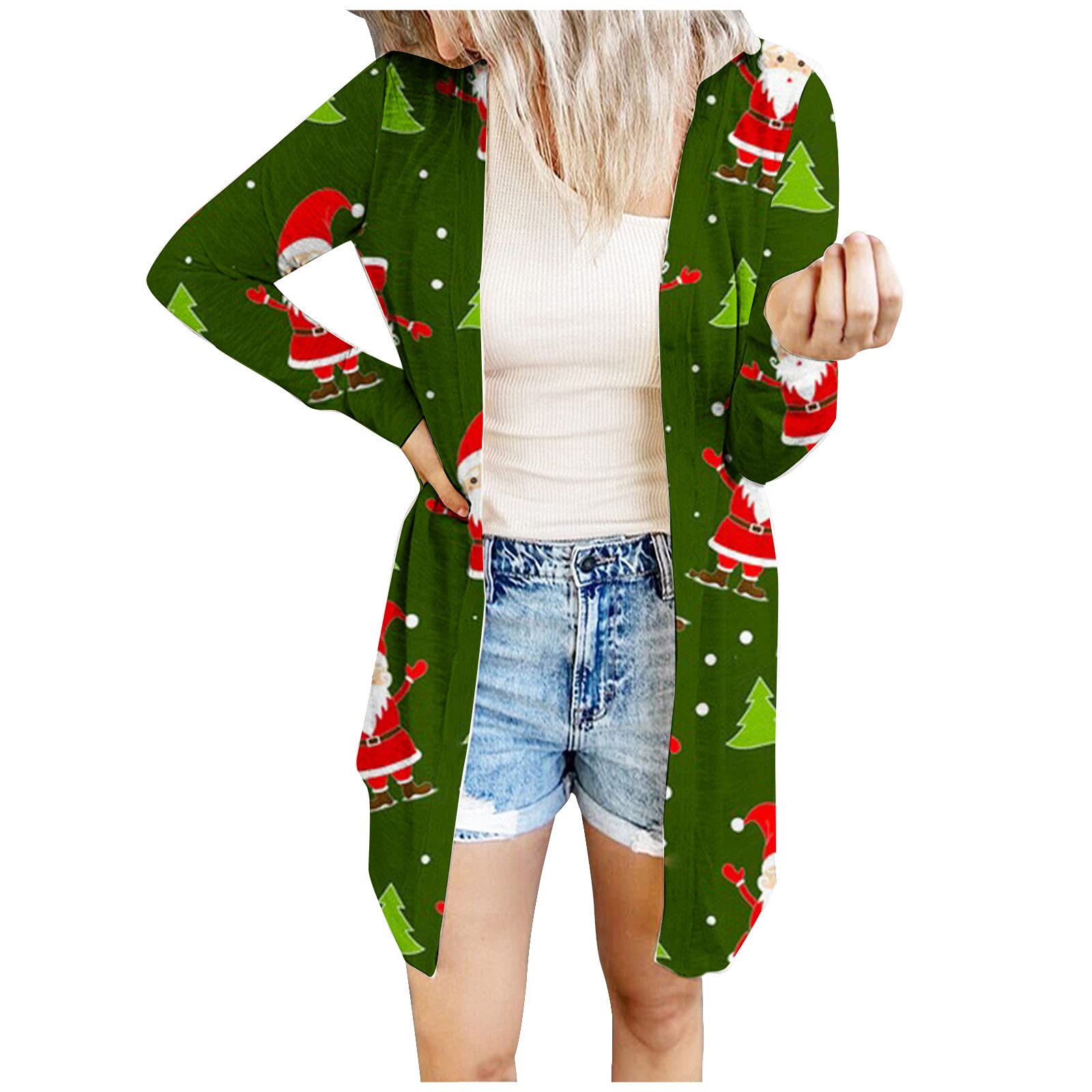 Women's Lightweight Long Cardigan with Christmas Graphic Print - Open Front Casual Coat for Winter, Holiday Parties & Cozy Loungewear