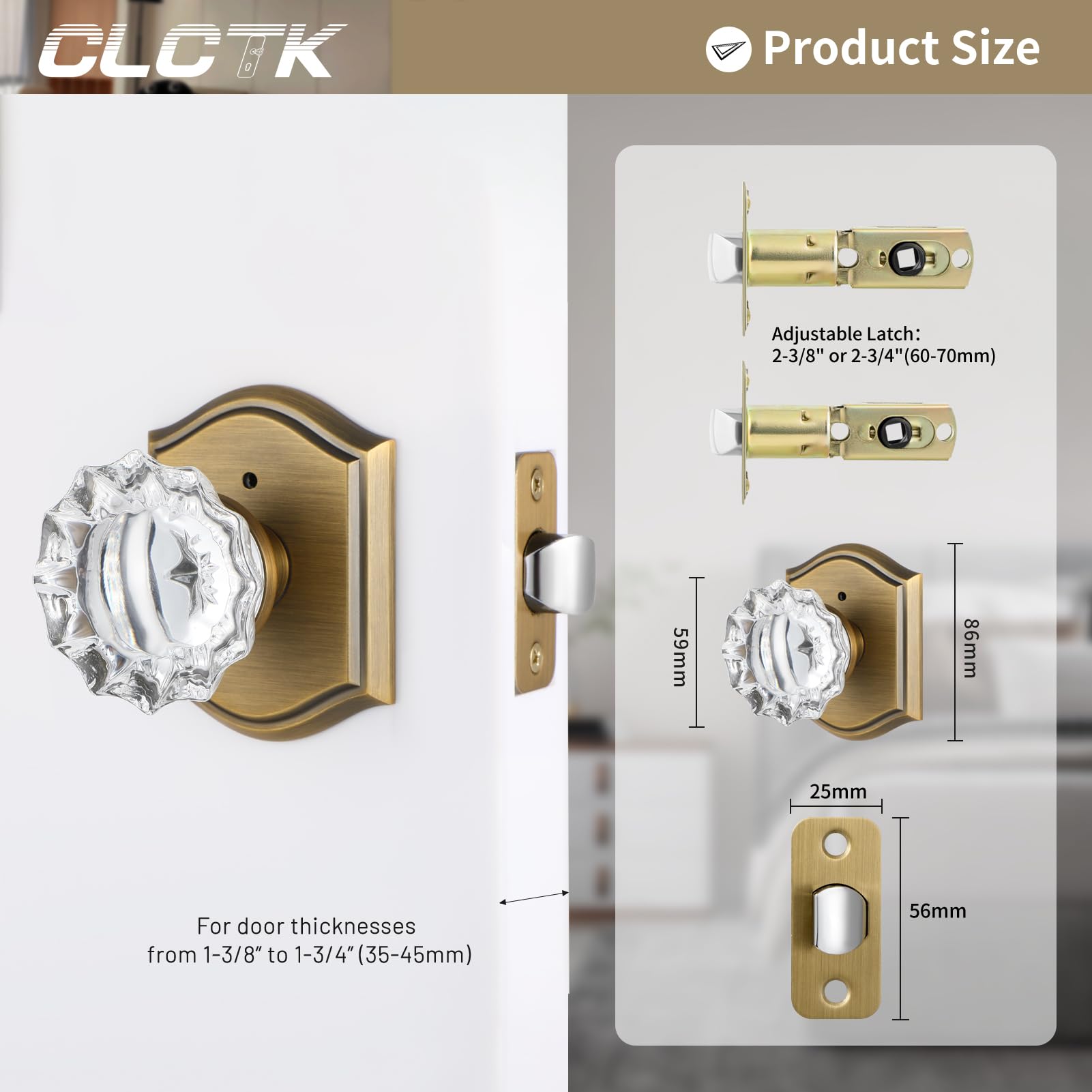 Vintage Crystal Glass Door Knobs with Lock - Antique Brass Interior Privacy Door Handles for Bedroom & Bathroom (1 Pack) - Perfect for Home Renovation & Vintage Style Decor