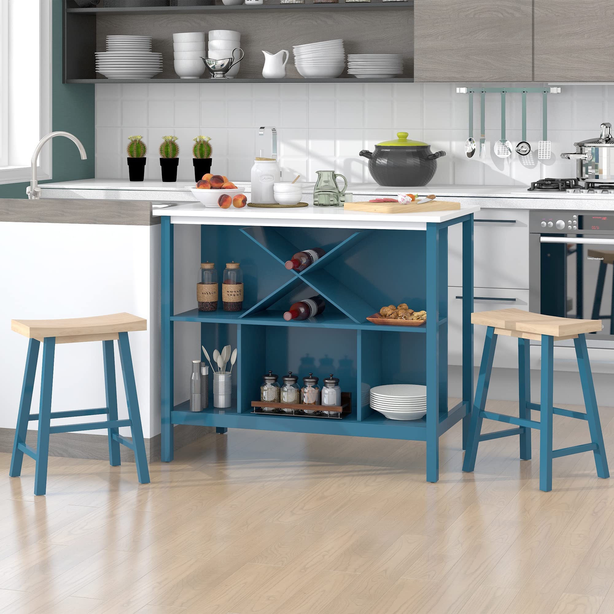 Farmhouse Style 3-Piece Wooden Dining Table Set with Storage Shelves & Wine Rack - Multifunctional Kitchen Island Table with 2 Saddle Stools - Perfect for Small Spaces, Apartments, and Cozy Breakfast Nooks