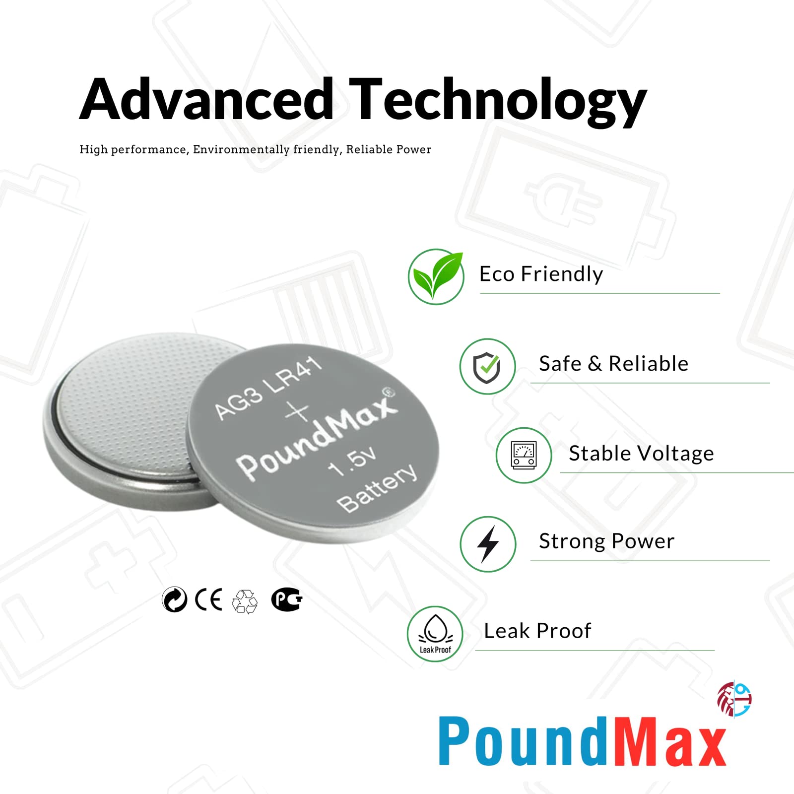 PoundMax AG3 LR41 1.5V Alkaline Button Cell Batteries - 10 Pack for Watches, Calculators, Thermometers & Small Electronics