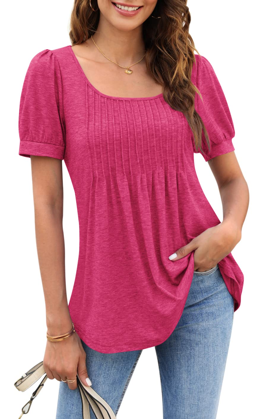 Zwurew Women's Summer Casual Puff Short Sleeve T-Shirt - Square Neck Pleated Flowy Tunic Top for Leggings (S-2XL) | Trendy Blouse for Outfits, Beach, Travel & Daily Wear