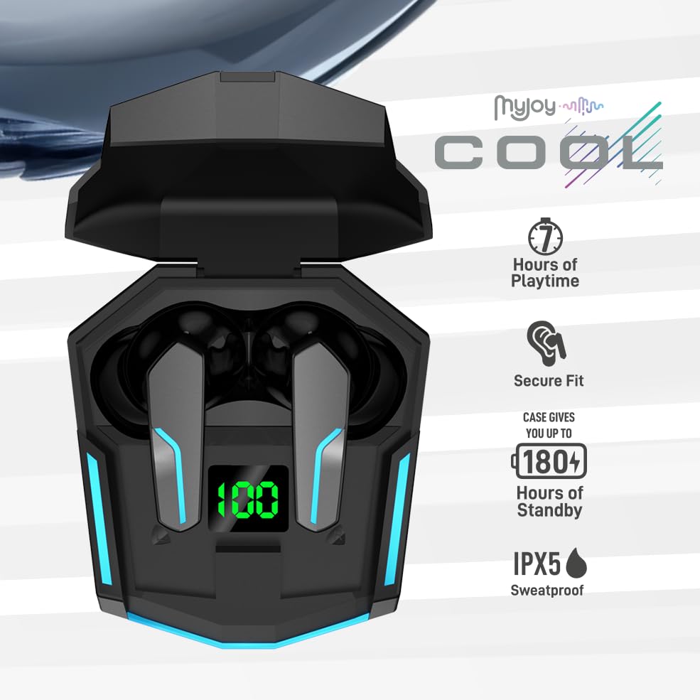MyJoy Cool Wireless Gaming Earbuds with Active Noise Cancelling - Bluetooth 5.0 Headphones for Mobile Gaming, Workouts & Travel - Black | Perfect for Gamers, Commuters & Fitness Enthusiasts