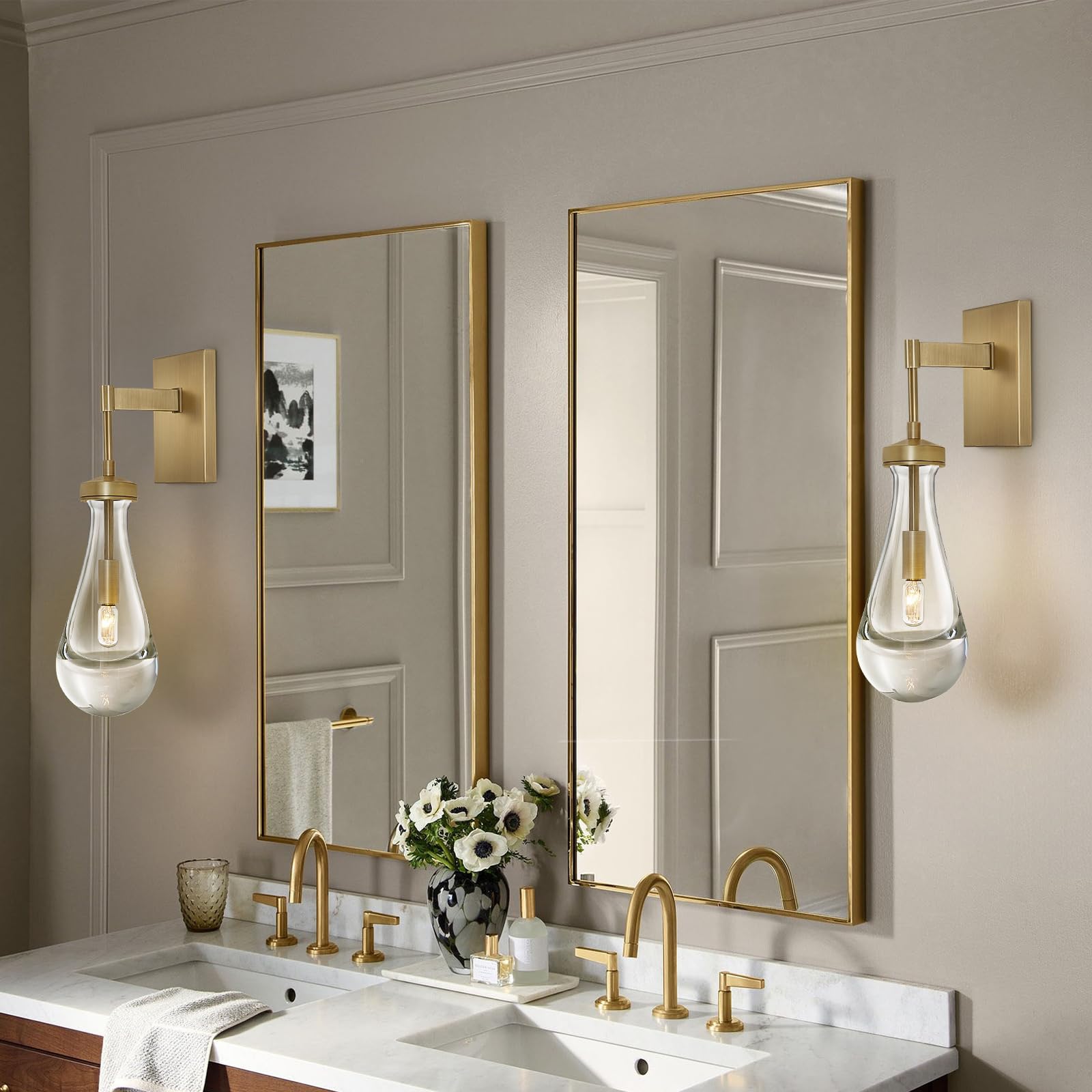 Set of 2 Brass Wall Sconces - Gold Raindrop Wall Lamps with Clear Glass for Stairway, Bedroom & Bathroom Lighting - Includes Bulbs - Perfect for Vanity, Hallway and Luxury Home Decor