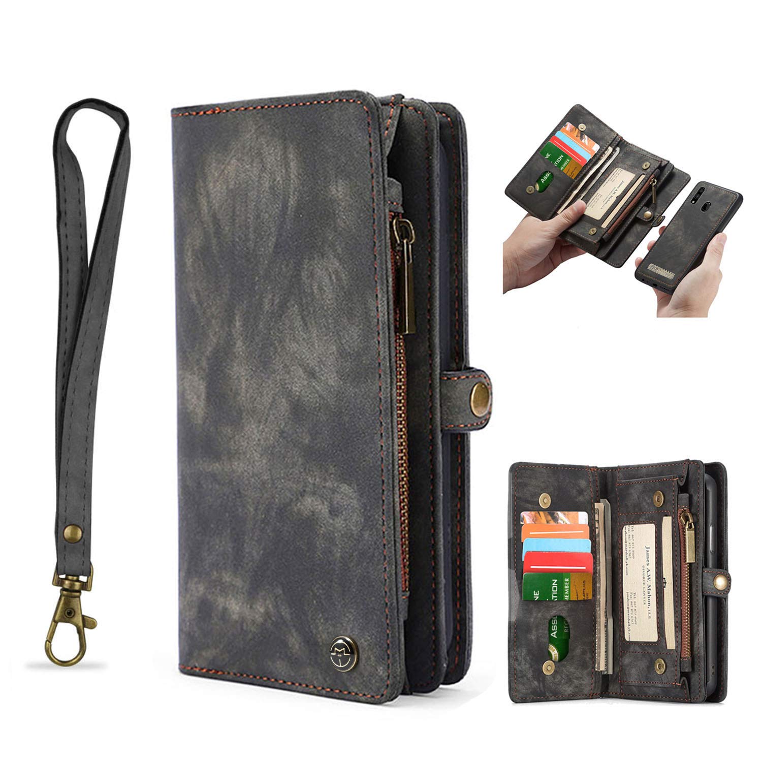 Samsung A30S Leather Wallet Case with Zipper Purse, Detachable Card Slots & Magnetic Wrist Strap - Shockproof Flip Cover with Handle for Everyday Use, Travel & Business (Black)