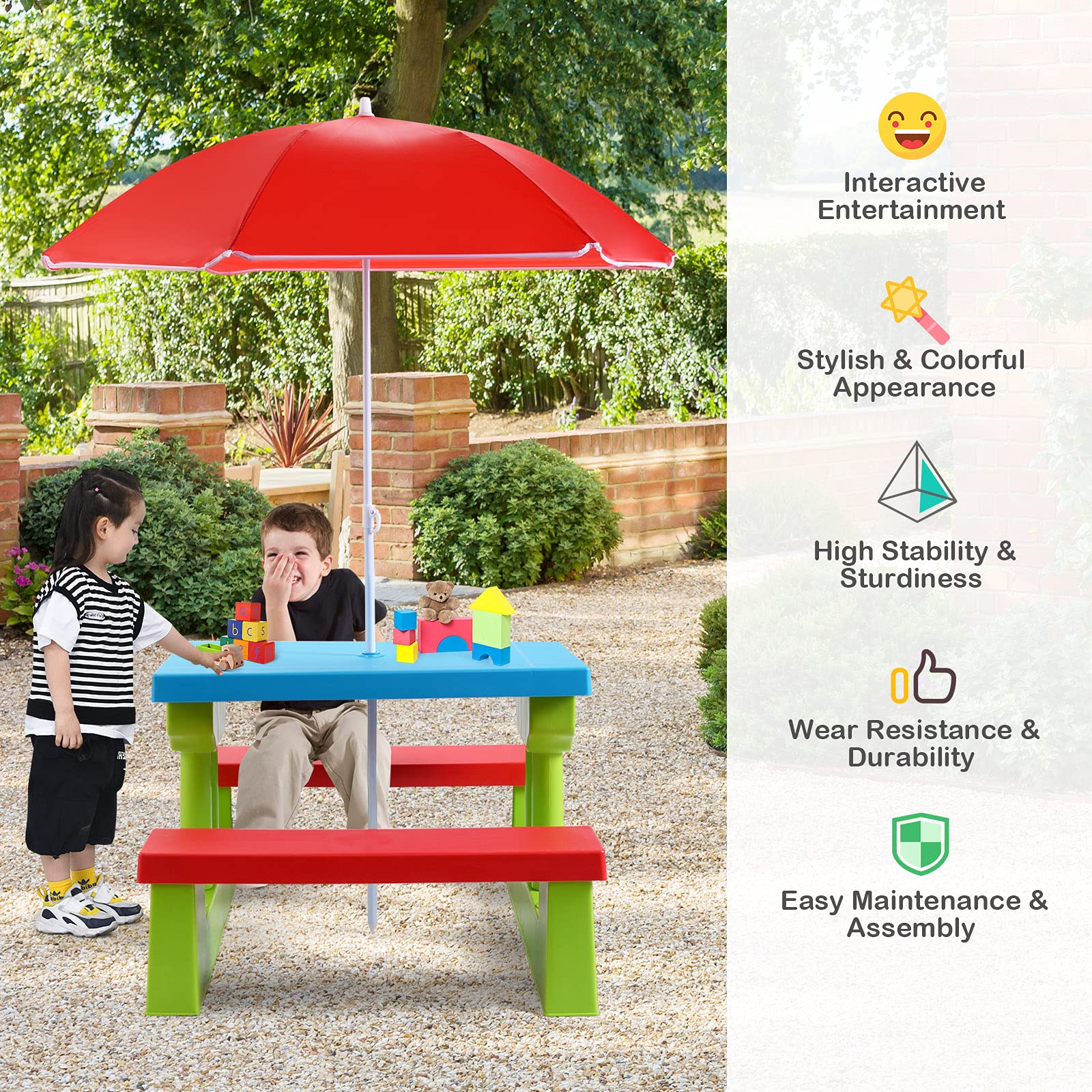 ARMILE Kids Picnic Table with Removable Umbrella - Foldable Indoor/Outdoor Plastic Table & Bench Set for Toddlers - Portable Play Table for Backyard, Patio, Park, Beach - Perfect Gift for Boys & Girls (Red)