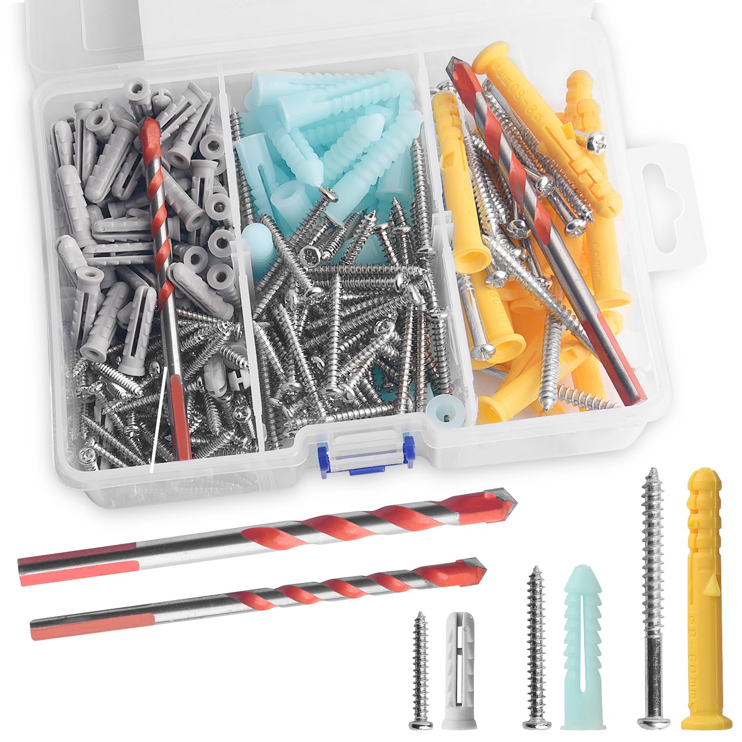 340PCS Drywall Anchors and Screws Kit - Heavy Duty Concrete Screws with 2 Drill Bits - Premium Wall Anchors & Self Tapping Screws for Stucco, Masonry & Brick Walls - Perfect for Home Improvement & DIY Projects