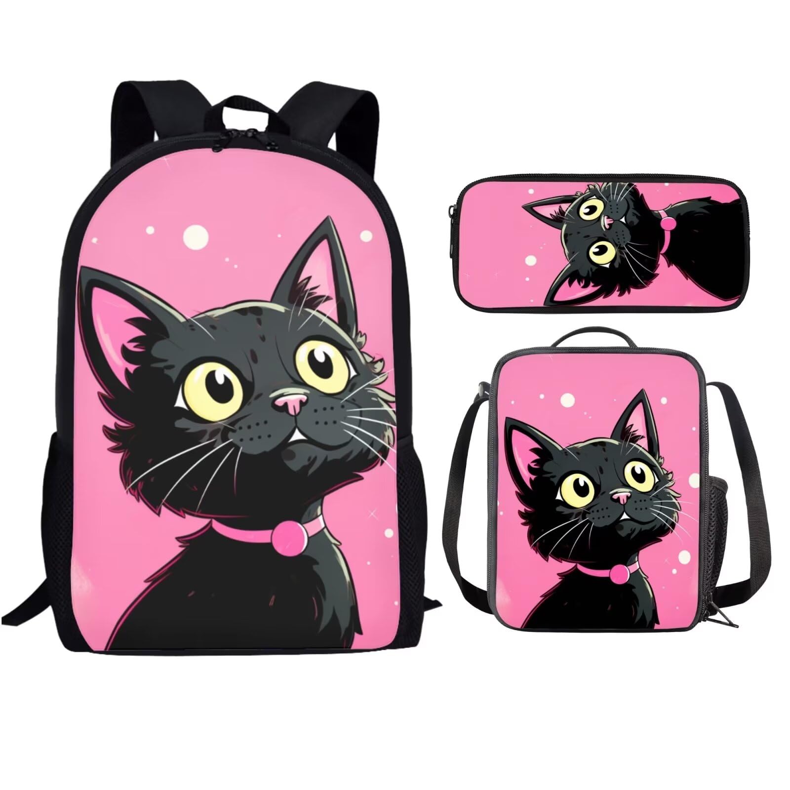 Black Cat Backpack for Teen Girls - 3-in-1 School Bag Set with Lunch Box & Pencil Case - 17 Inch Pink Bookbag for Elementary & Middle School (5th/6th Grade) - Perfect for School, Travel & Daily Use