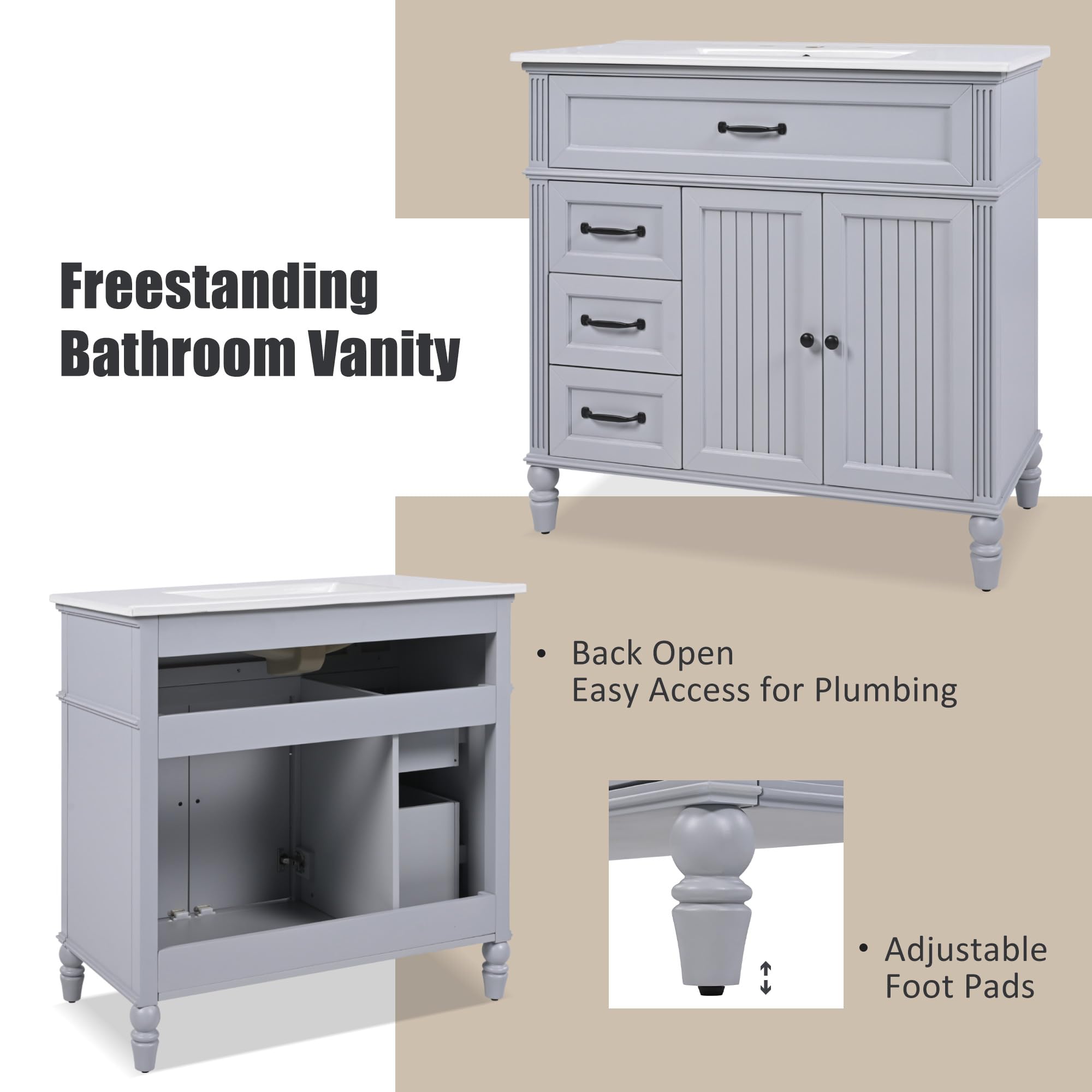 Harper & Bright Designs 36 Inch Modern Bathroom Vanity with Sink & Storage Drawers - Solid Wood Frame & MDF Board - Soft Close Door Hinges - Space Saving Gray Cabinet for Small Bathrooms, Powder Rooms & Master Baths
