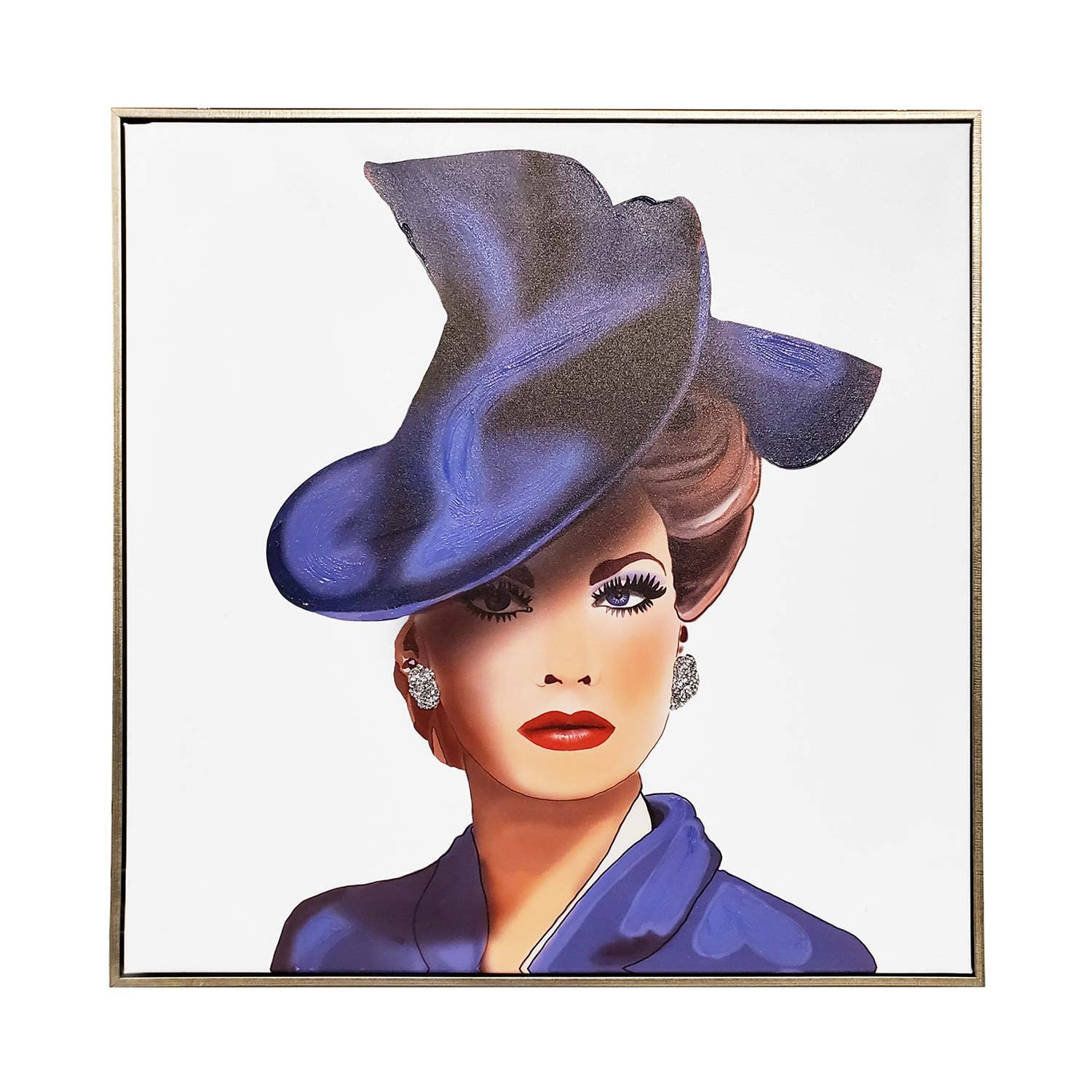Hand-Painted 3D Silver Rhinestone Purple Lady Wall Art - 36x36 Inch Framed Canvas Painting in Indigo Blue & Silver - Elegant Home Decor for Living Room, Bedroom or Office - Sold Individually