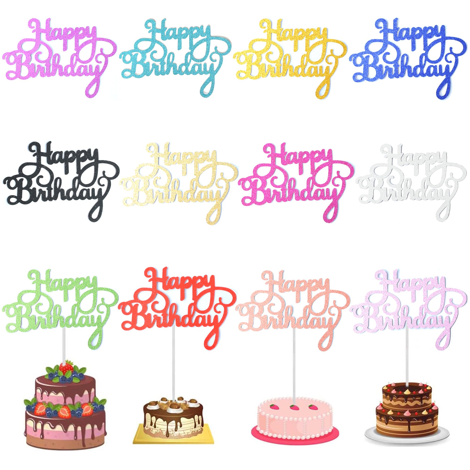 24 Pack Multi-Color Glitter Cake Toppers & Bunting Decorations - Birthday Party Cake Decor Set for Weddings, Baby Showers & Celebrations (Classic Style)