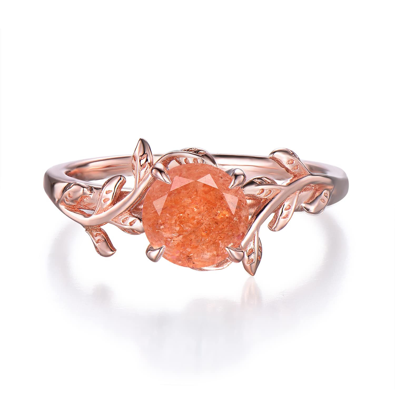Sterling Silver Round Cut Sunstone Ring with Rose Gold Leaf - Orange Gemstone Engagement Ring for Women, Unique Handmade Birthday Jewelry Gift for Her, Size 4-10 with Gift Box | Perfect for Weddings, Anniversaries & Special Occasions