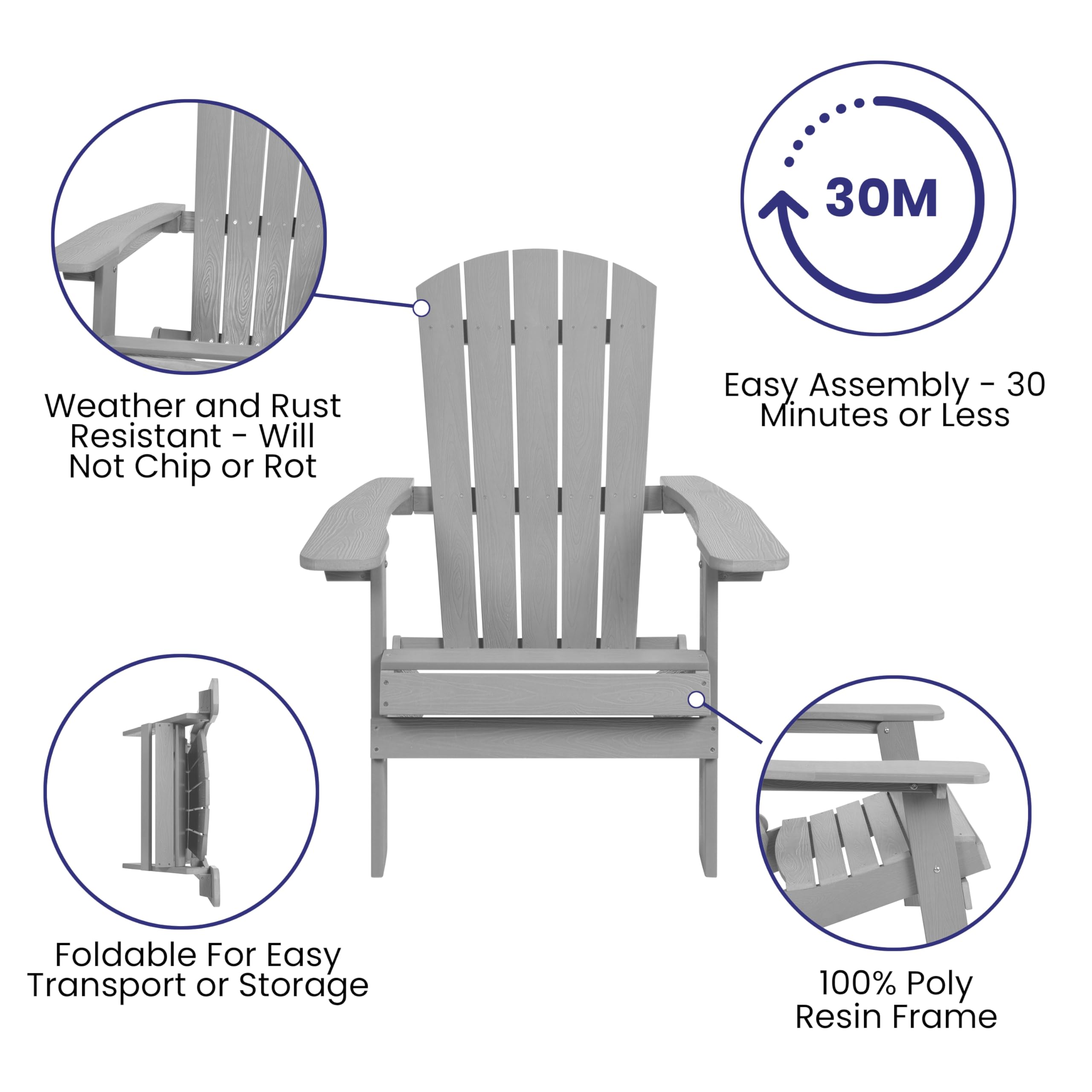 EMMA + OLIVER All-Weather Poly Resin Folding Adirondack Chair in Gray - Outdoor Patio Furniture for Garden, Poolside, Deck, and Backyard Relaxation