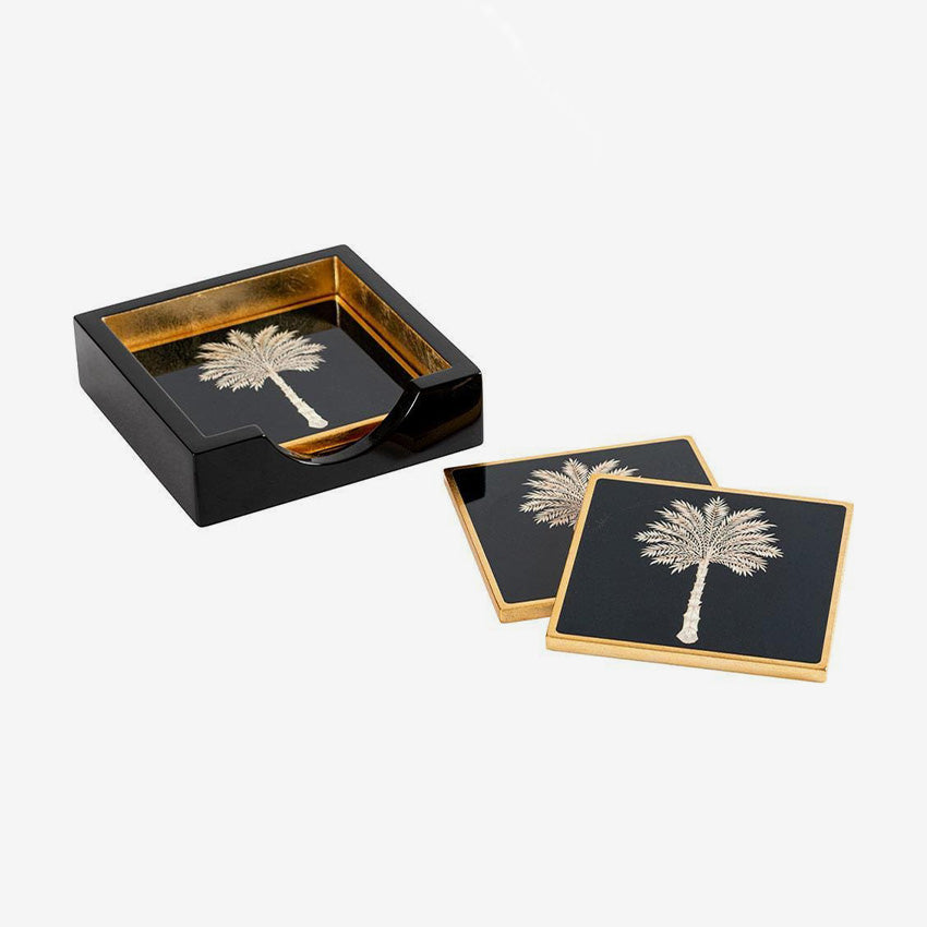 Caspari Grand Palms Black Lacquer Coasters Set of 4 - Elegant Drink Coasters for Home Bar, Dining Table & Office Decor