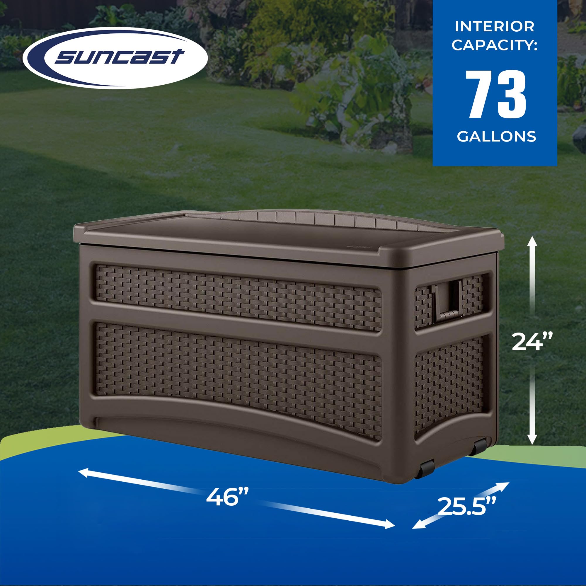 Suncast 73 Gallon Outdoor Patio Storage Chest with Handles & Seat - Java Brown (2 Pack) - Weatherproof Deck Box for Cushions, Pool Toys & Garden Tools Storage