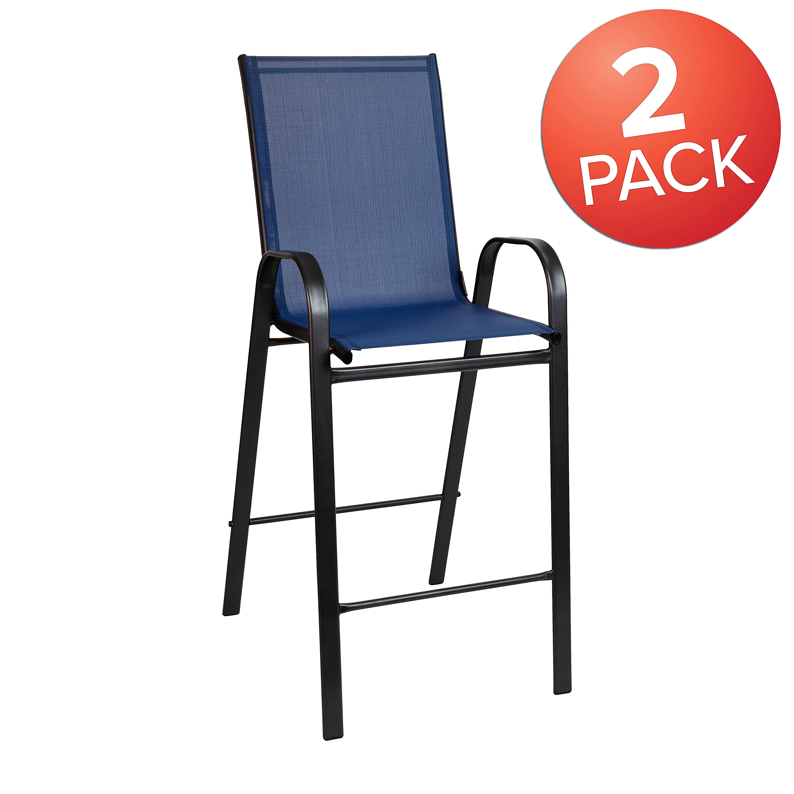 Flash Furniture 2 Pack Brazos Series Navy Blue Outdoor Bar Stools with Flex Comfort Material & Durable Metal Frame - Perfect for Patio, Deck, Poolside & Backyard Entertaining