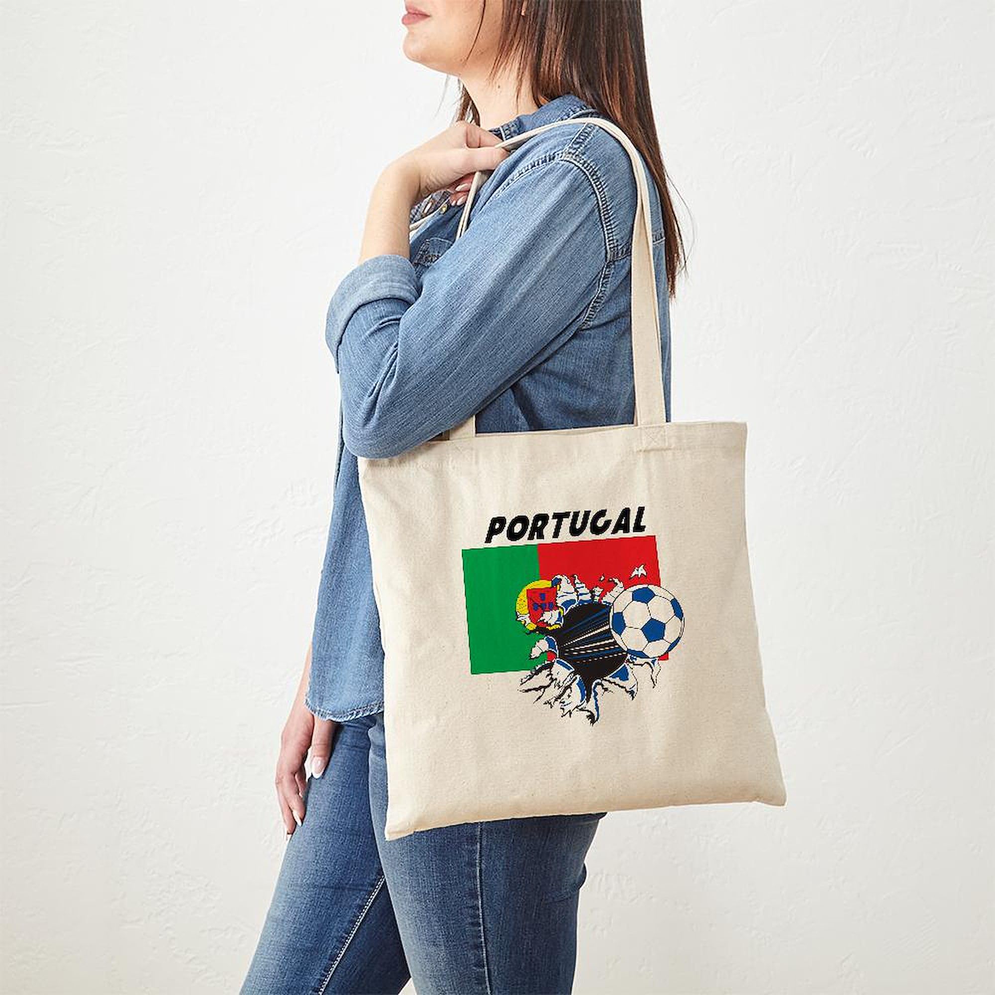Portugal Soccer Tote Bag - Natural Canvas Reusable Grocery Shopping Bag for Fans, Sports Games & Beach Outings