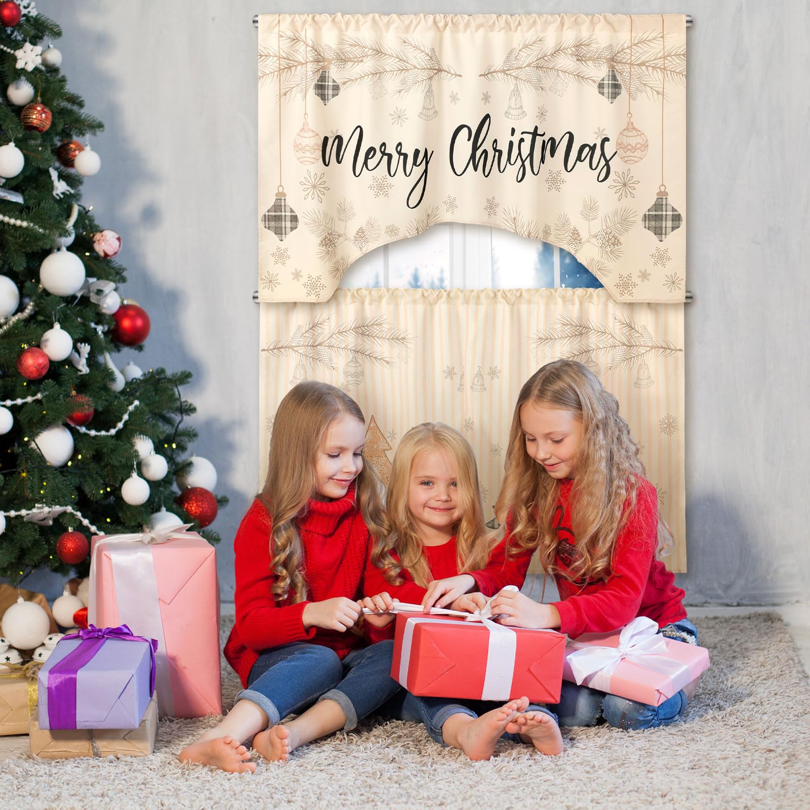 Ganeen 3-Piece Christmas Kitchen Curtain Set - Buffalo Plaid Black & White Polyester Window Tier Curtains with Valance - Farmhouse Holiday Decor for Kitchen Windows, Dining Room, and Christmas Party Decoration
