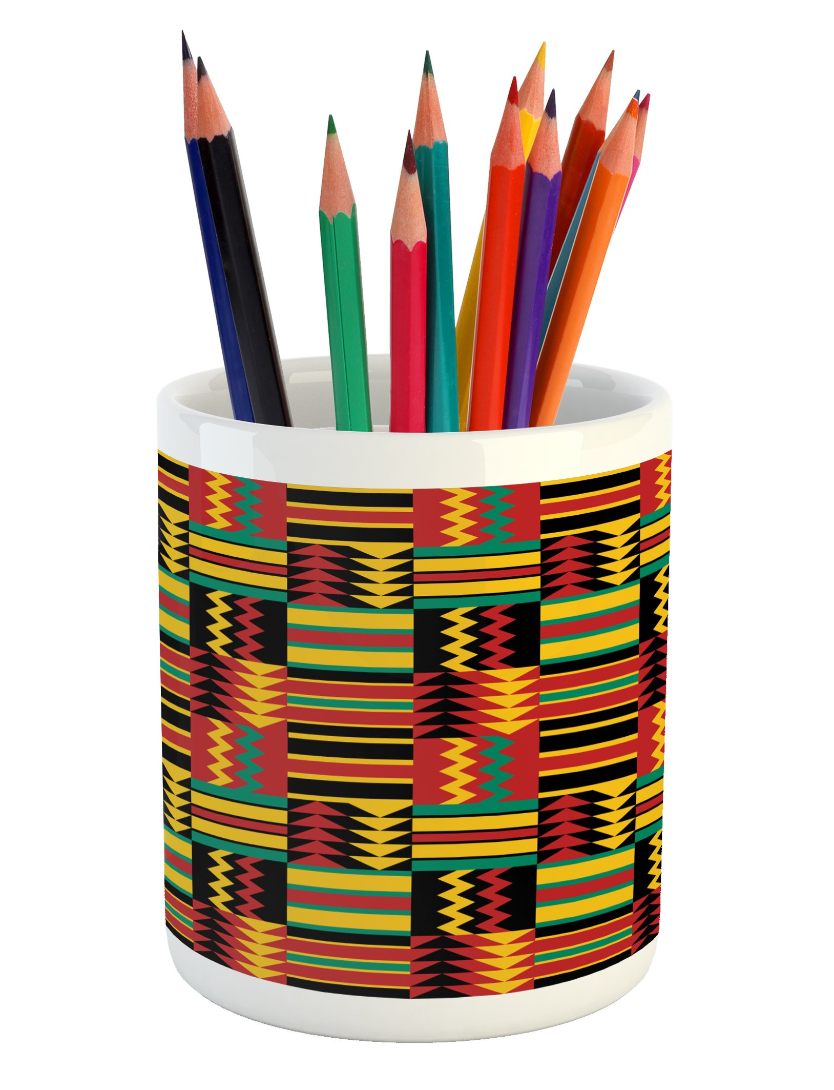 Ambesonne Kente Pattern Ceramic Pen Holder - Striped Triangle Zigzag Design Office Desk Organizer for Pencils & Pens | African Inspired Home & Office Decor (Uganda Zimbabwe Nigeria Style) | Perfect for Workstations, Study Desks & Gift Giving