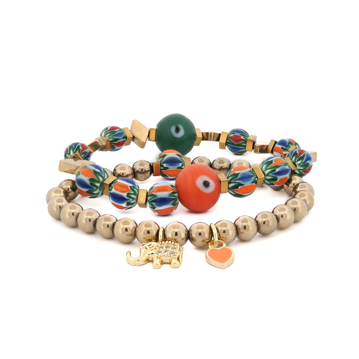 African Beaded Protection Bracelet Set with Elephant & Heart Charm - Handmade Tribal Jewelry for Women, Spiritual Gift, Festival & Boho Fashion Accessory