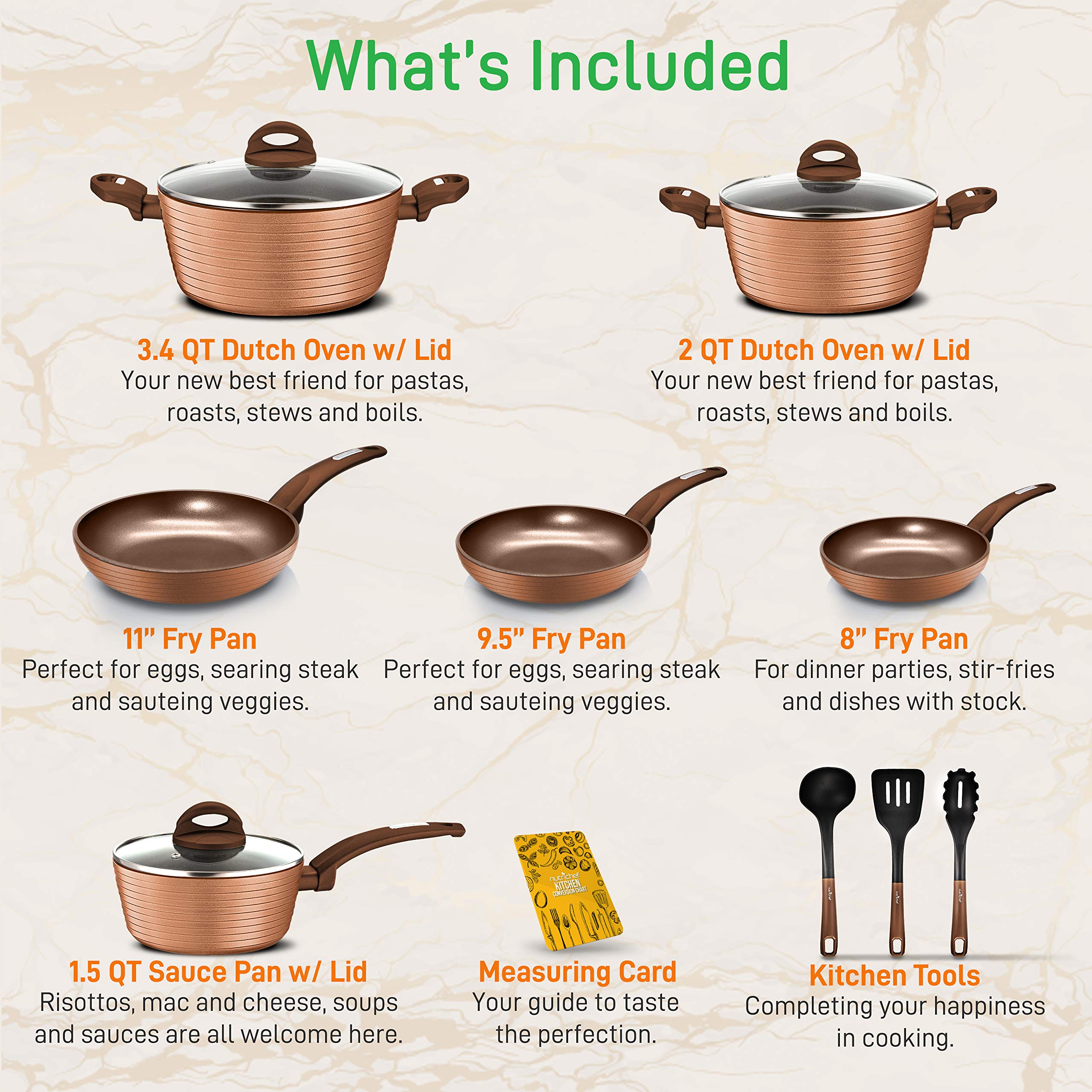 NutriChef 12-Piece Nonstick Cookware Set - PFOA/PFOS-Free Kitchen Pots & Pans with Lids | Heat Resistant Dutch Oven, Saucepan & Cooking Utensils | Perfect for Boiling, Frying & Slow Cooking | Dishwasher Safe Brown Kitchenware Set