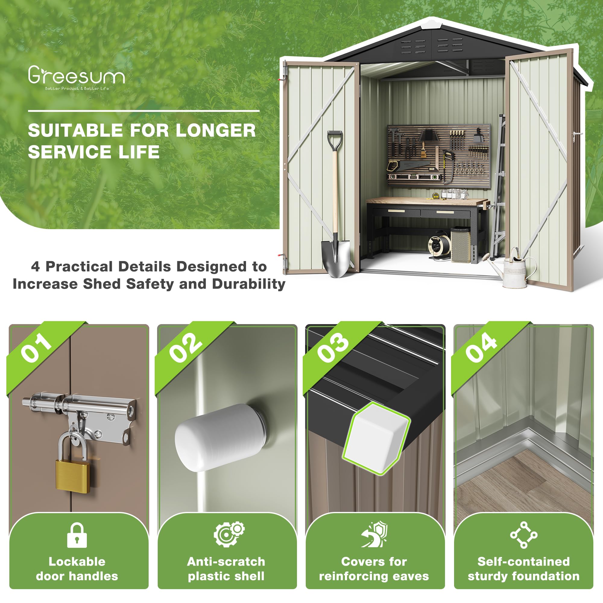 Greesum 6x4 ft Outdoor Storage Shed - Metal Utility Tool & Garden Shed with Lockable Door for Patio, Backyard & Lawn Organization (Brown) | Weatherproof Storage Solution for Gardening Tools, Equipment & Seasonal Items