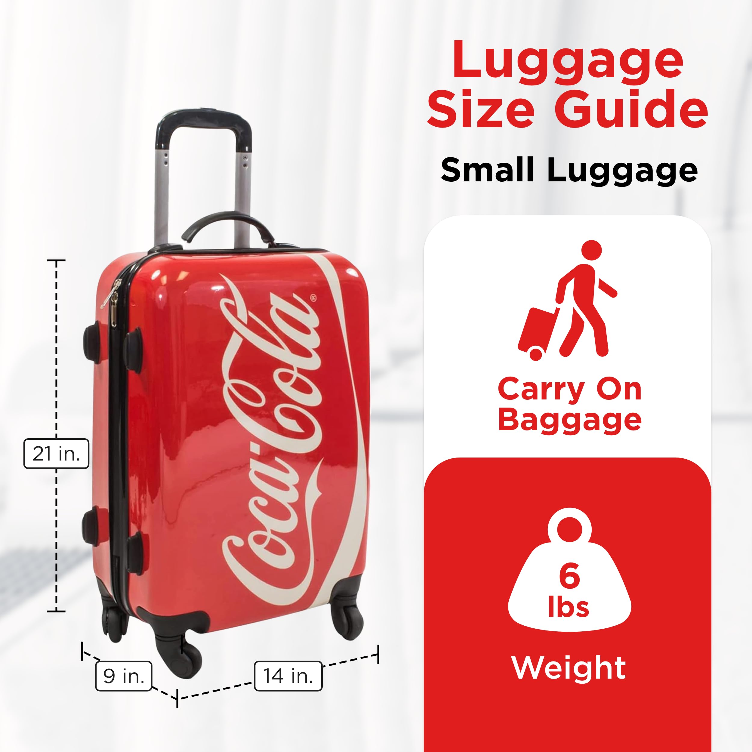 Concept One Coca Cola 21 Inch Carry On Luggage - Durable Hardshell Rolling Suitcase with 360° Spinner Wheels, Vibrant Red & Multicolor Design - Perfect for Air Travel, Business Trips & Weekend Getaways