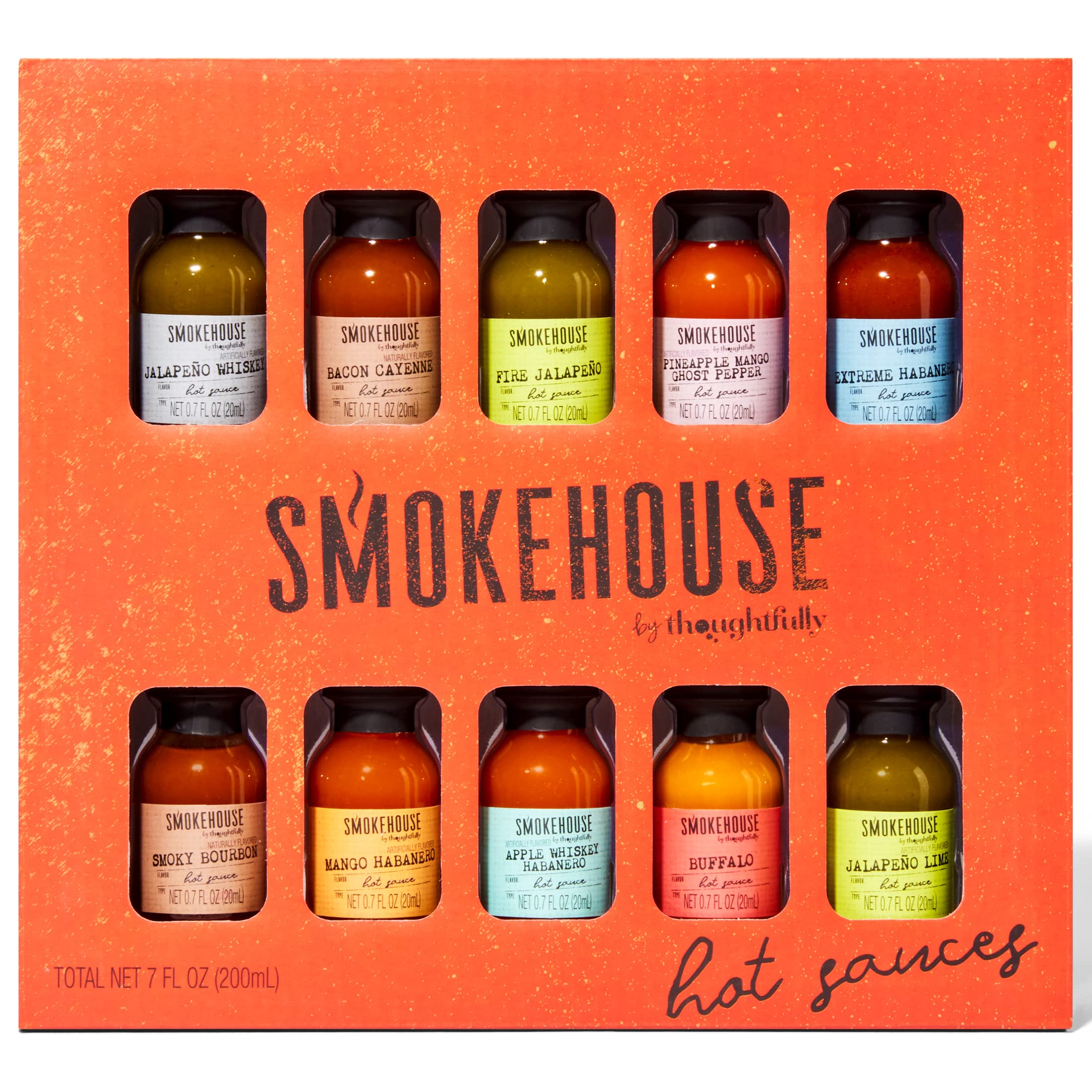 Thoughtfully Smokehouse Gourmet Hot Sauce Gift Set - 10-Piece Variety Pack with Mango Habanero, Buffalo, Bacon Cayenne, Smoky Bourbon & Fire Jalapeño | Perfect for BBQ, Wings, Tacos & Spicy Food Lovers