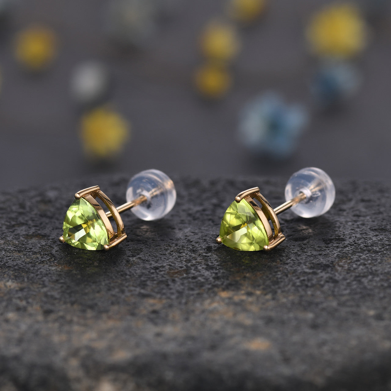 6MM Trillion Cut Peridot Sterling Silver Stud Earrings with Yellow Gold Plating & Secure Rubber Backs | Elegant Solitaire Jewelry for Women | Perfect for Weddings, Parties & Everyday Wear
