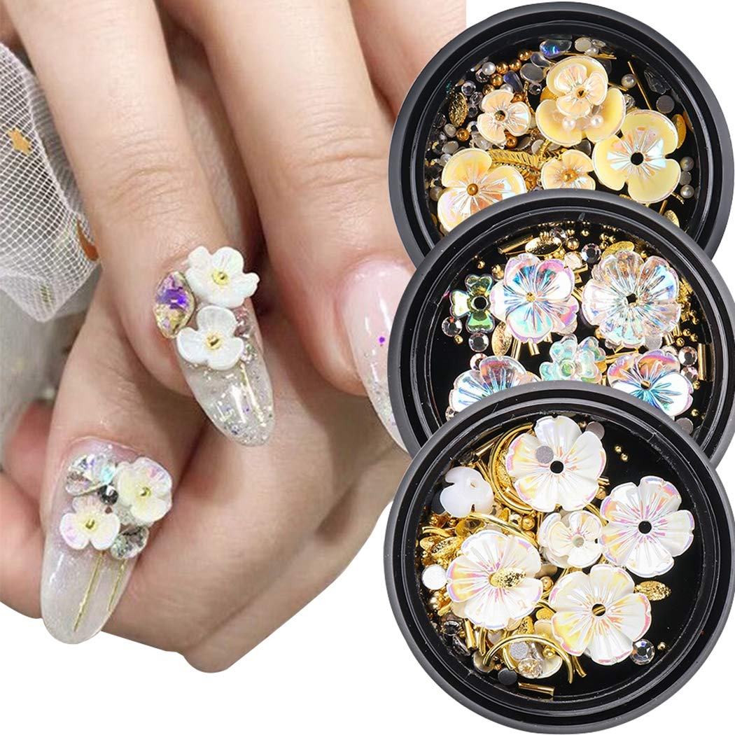 Anjetan 3D Flower Nail Rhinestones - Mixed Metal Nail Studs & Gems for Nail Art Decoration | DIY Creative Nail Charms for Manicure, Wedding, Party & Salon Use
