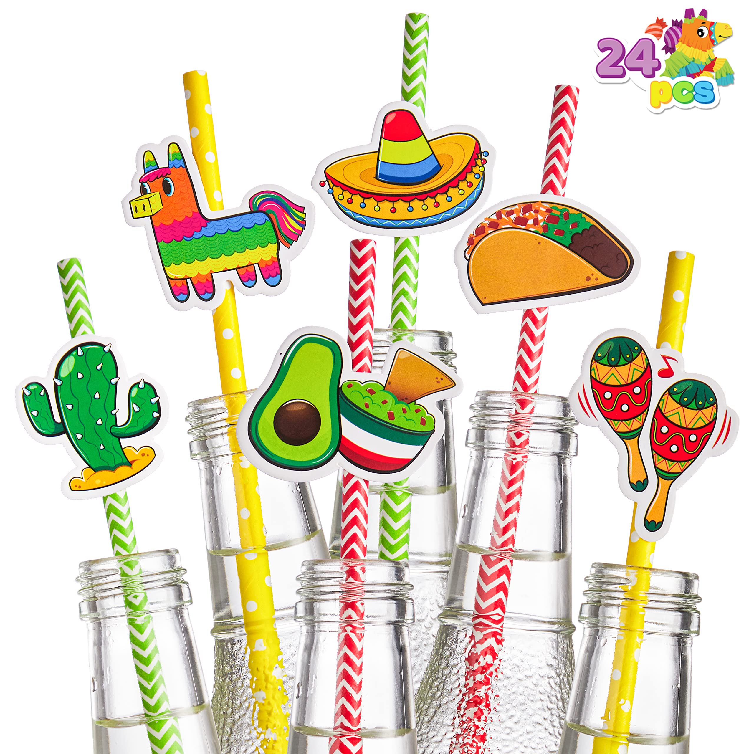 JOYIN 24-Pack Colorful Fiesta Paper Striped Straws - Cinco de Mayo, Taco Party, Luau & Carnival Decorations - Fun Mexican Themed Photo Props & Party Supplies for Birthdays, Weddings & Events - Perfect for Cocktails, Mocktails & Themed Celebrations