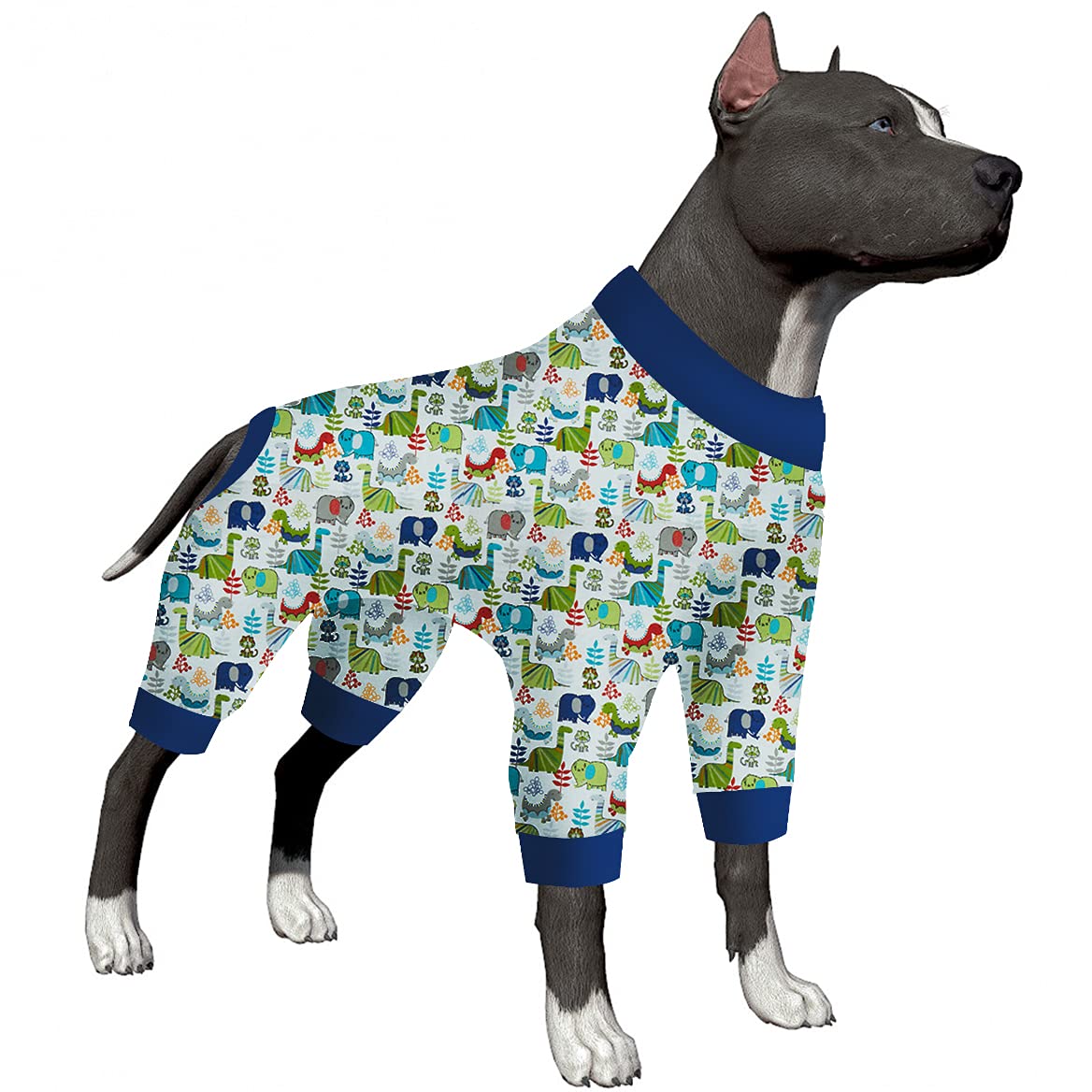 LovinPet Medium Dog Onesie - Large Dog Pajamas, Lightweight Stretchy Fabric, White Dinosaur Print, Dog Jumpsuit for Anxiety Relief | Easy to Wear Pet Costume for Parties & Halloween | Blue Grey (Perfect for Pet Photo Shoots, Birthday Celebrations & Comfort Wear)