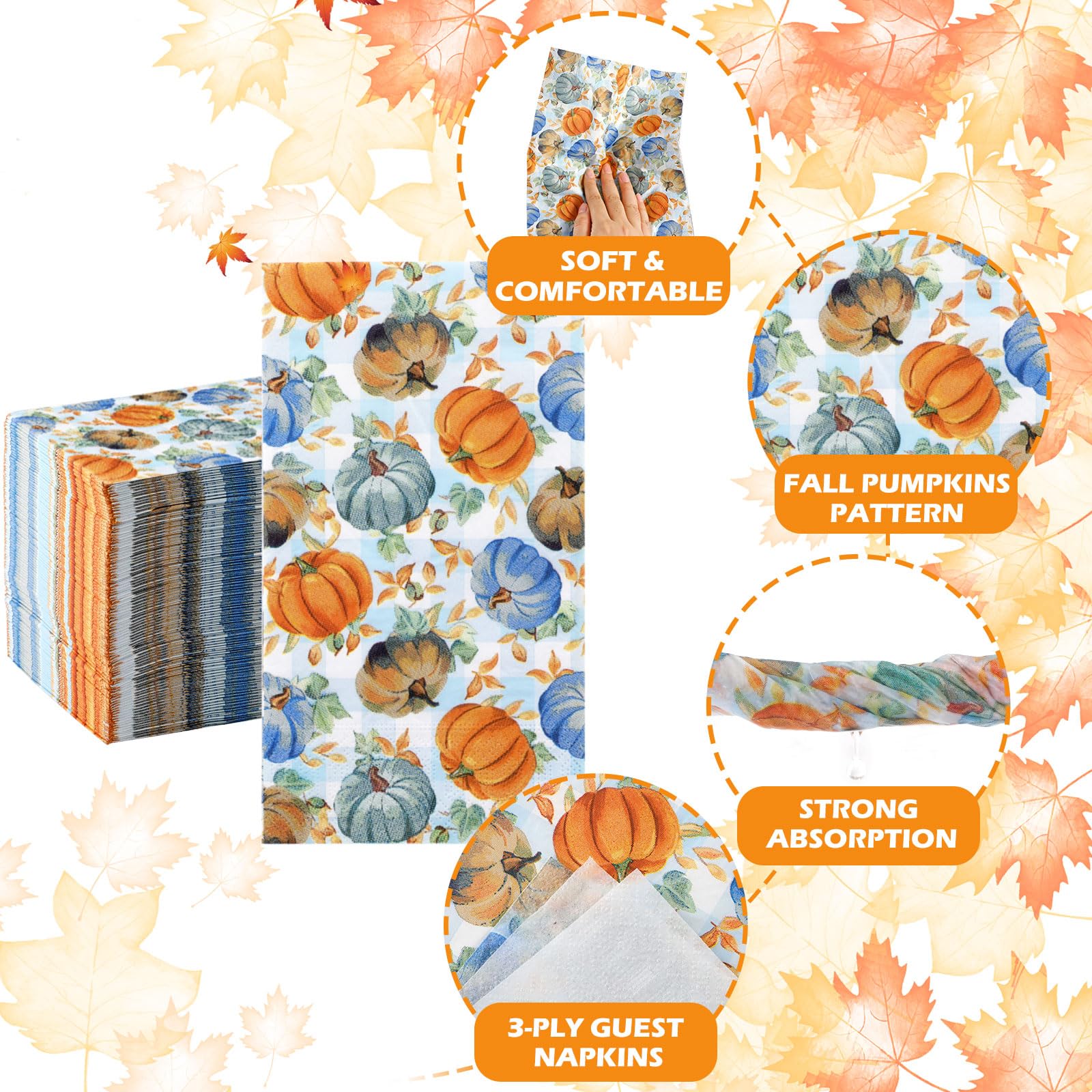 100PCS Fall Pumpkin Napkins - 3-Ply Disposable Thanksgiving Napkins & Guest Towels | Decorative Paper Napkins for Bathroom, Kitchen, Home Decor | Perfect for Autumn Parties, Thanksgiving Dinner & Seasonal Home Decoration