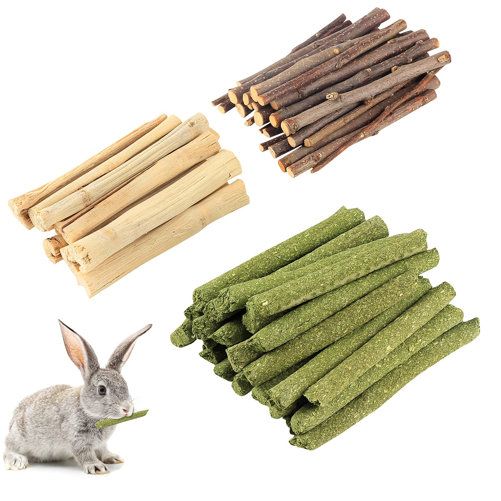 Natural Rabbit Chew Toys for Bunnies - Small Animal Teeth Grinding Toys Set with Apple Branches & Grass Sticks for Chinchillas, Hamsters, Guinea Pigs - Perfect for Indoor Play & Dental Health Care