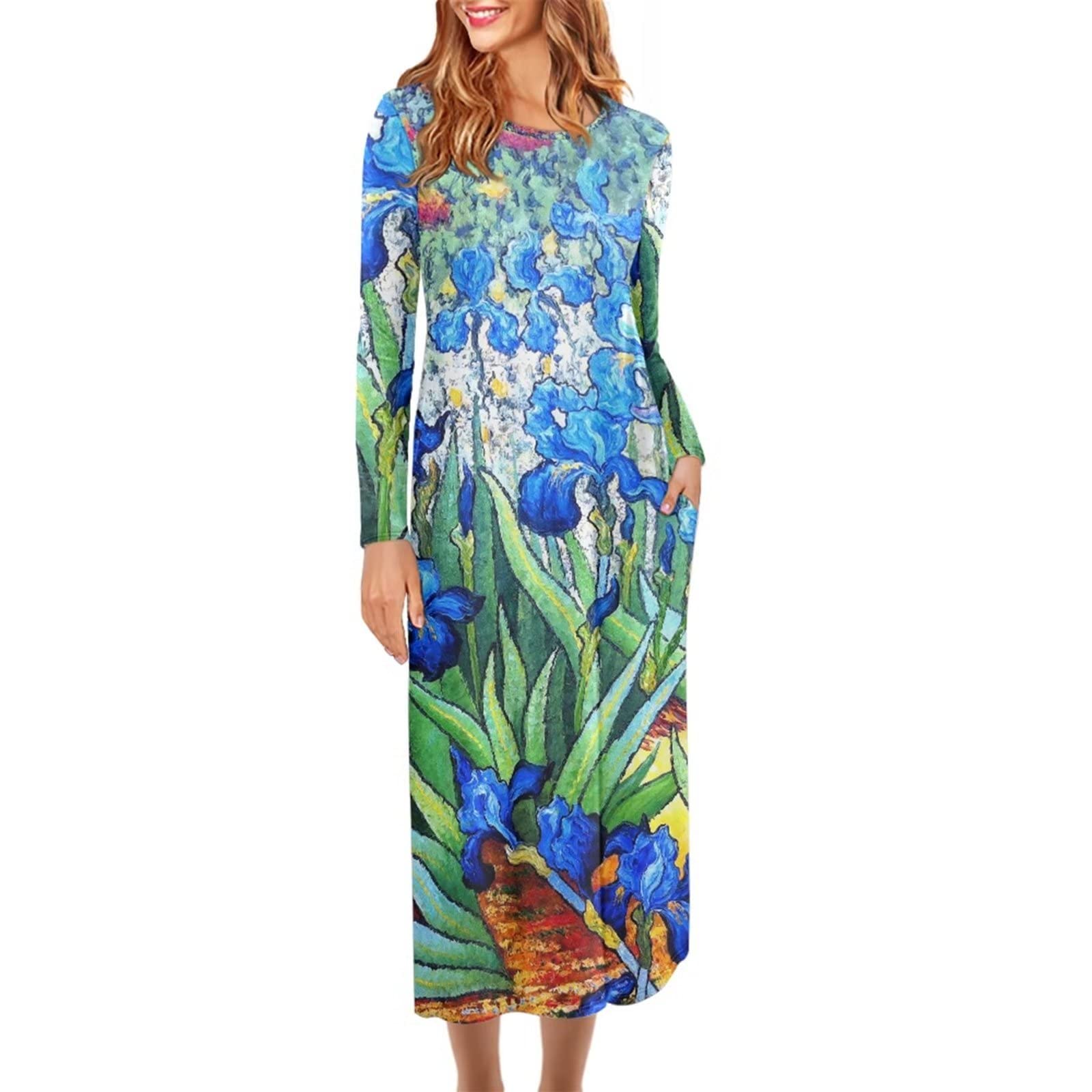 POLERO Women's Long Sleeve Mushroom Print Maxi Dress with Pockets - Cute Rabbit Design Casual Boho Dress for Spring, Summer, Beach & Vacation